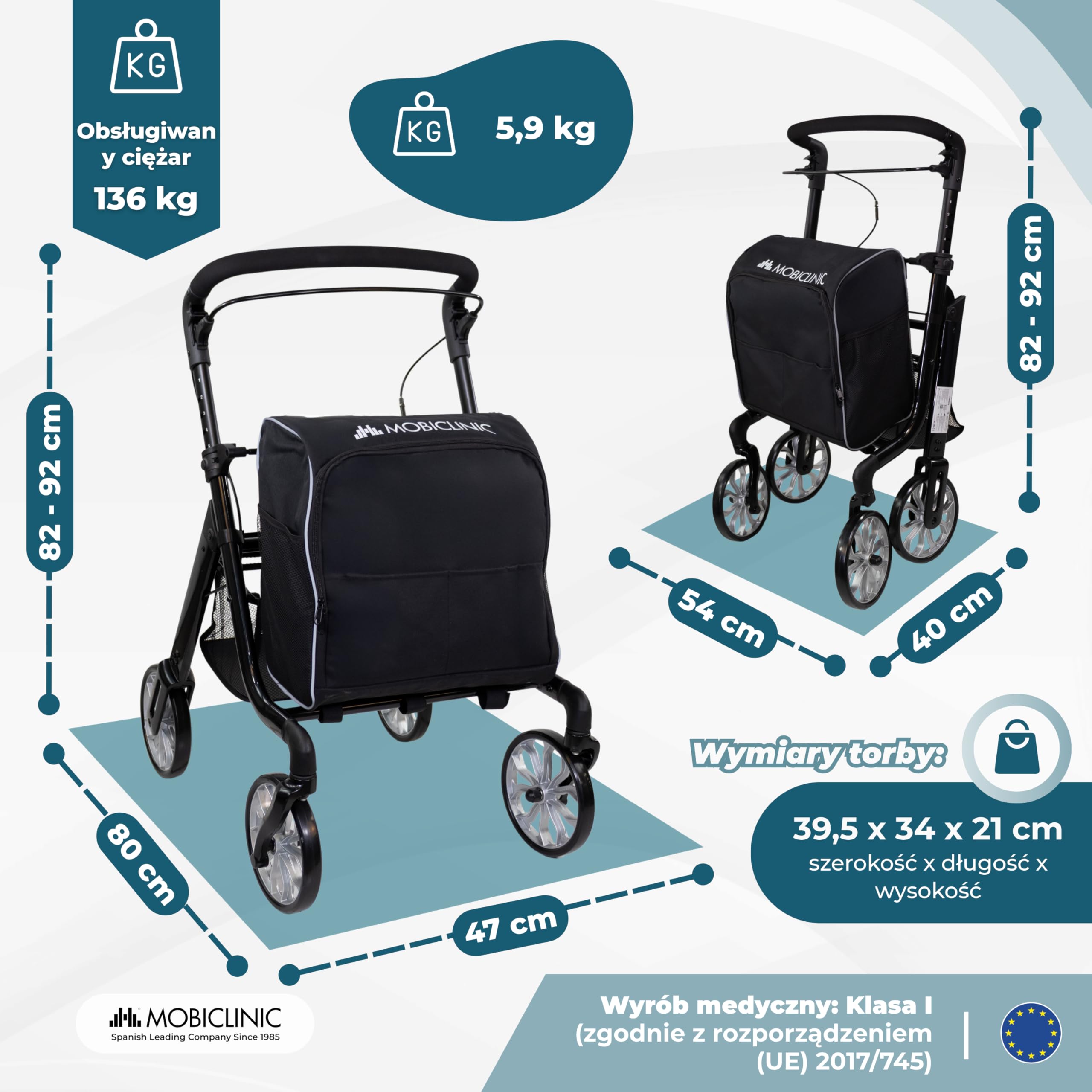 Mobiclinic®, Składany Chodzik + Wózek na Zakupy, 2 w 1, Hamulec Postojowy, Regulacja w 6 Pozycjach Wysokości, Jednouchwytowy, Kosz i Wyjmowana Torba XXL, Kółka Obrotowe 360º, Aluminium, Formen