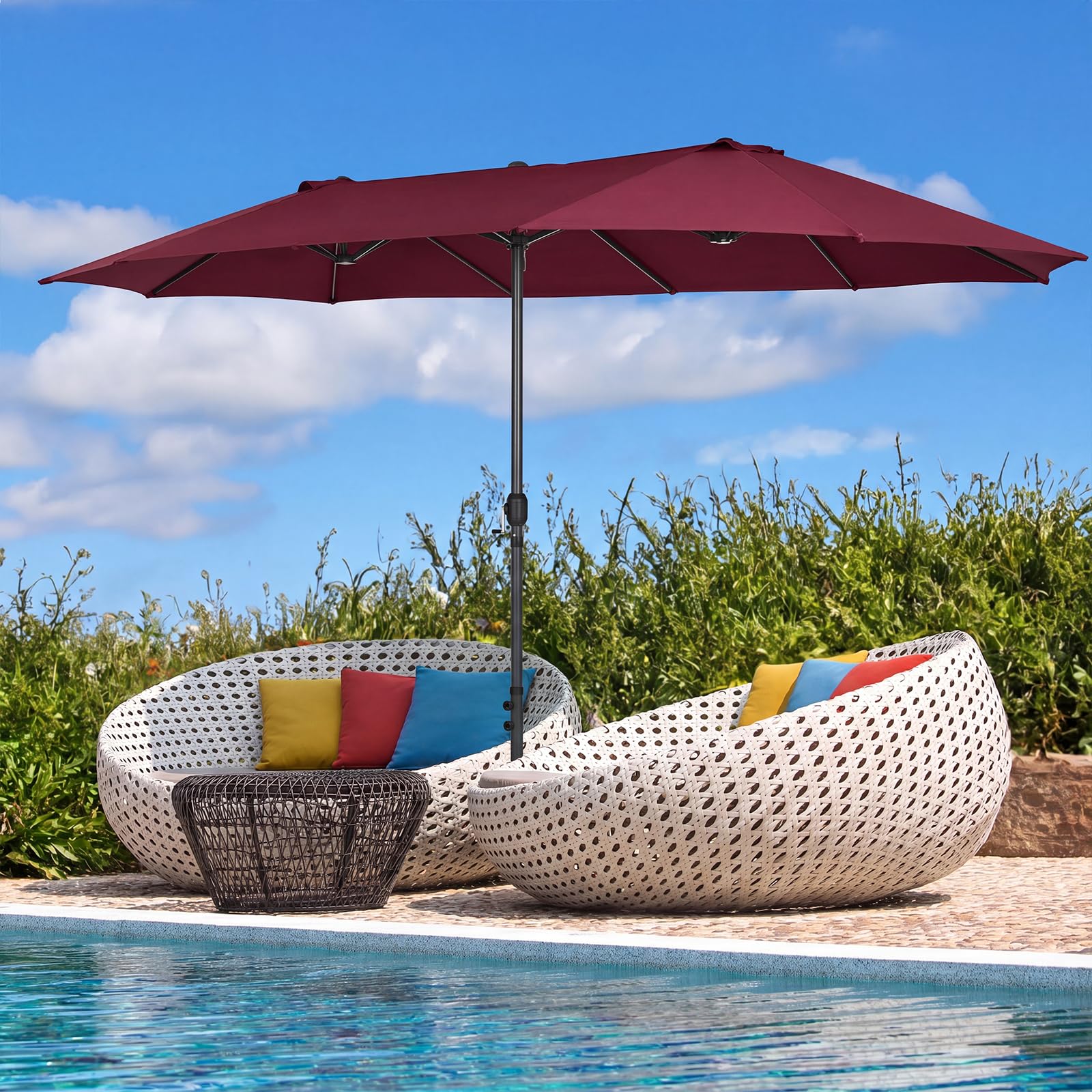 RELAX4LIFE Parasol de Jardin Extérieur 470X280 CM, Grand Parasol Double pour Jardin Terrasse Patio, Protection UV, Belaines Métalliques, Polyester Haute Densité, Manivelle, avec Attache (Bordeaux)