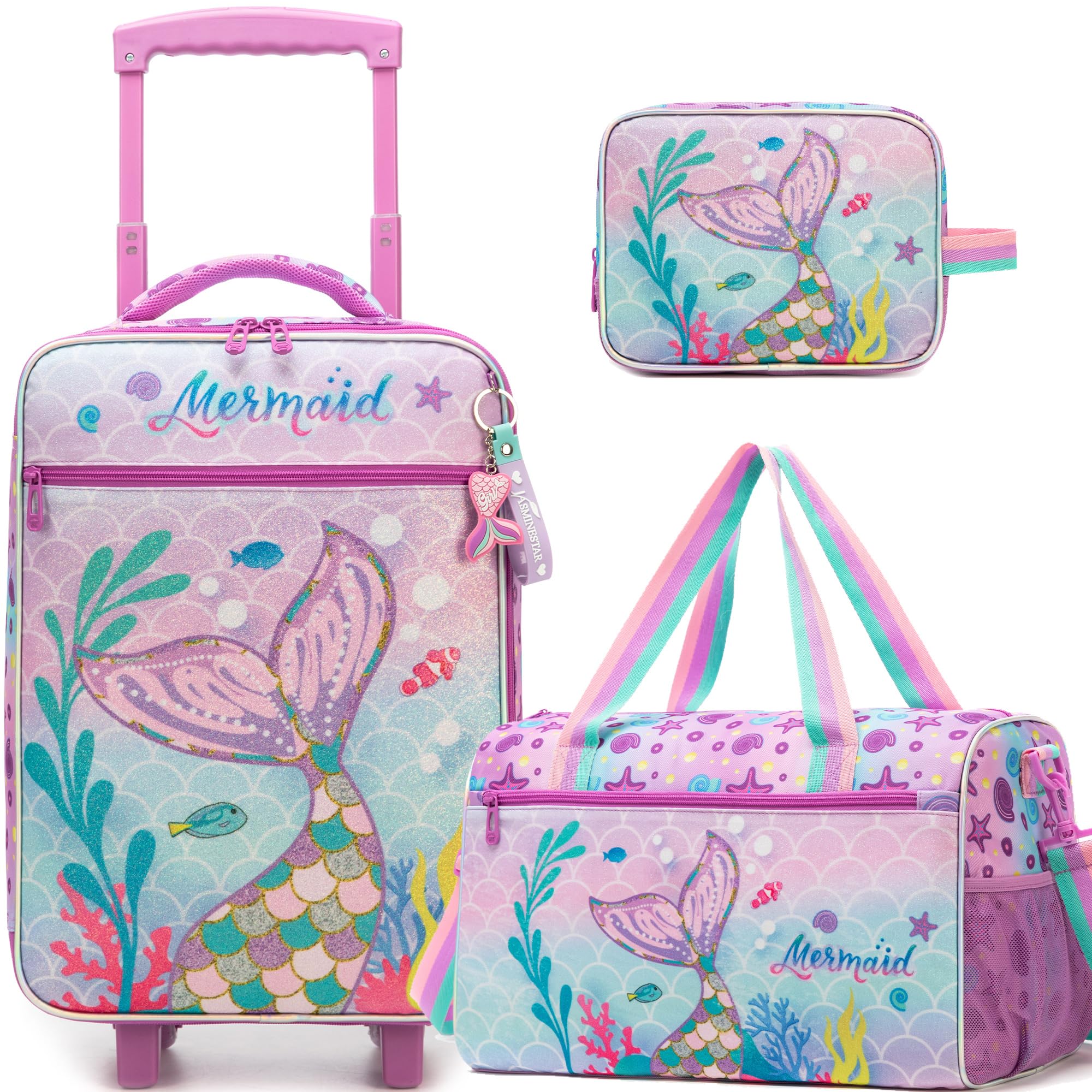 HomskiiiKids Luggage Set with Wheels Girls Cute Mermaid Travel Softside Suitcases 16" Carry on Suitcase with Duffle Bag Girls Luggage Sets Airline Approved