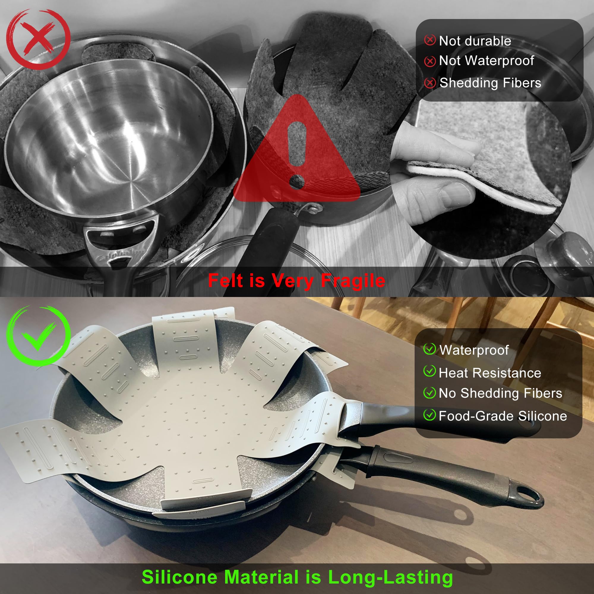 Protectores de ollas y sartenes, 3 piezas de silicona para utensilios de cocina, protector de sartén apilable. Tiene un diseño único de apertura y fijación que se puede utilizar para proteger y
