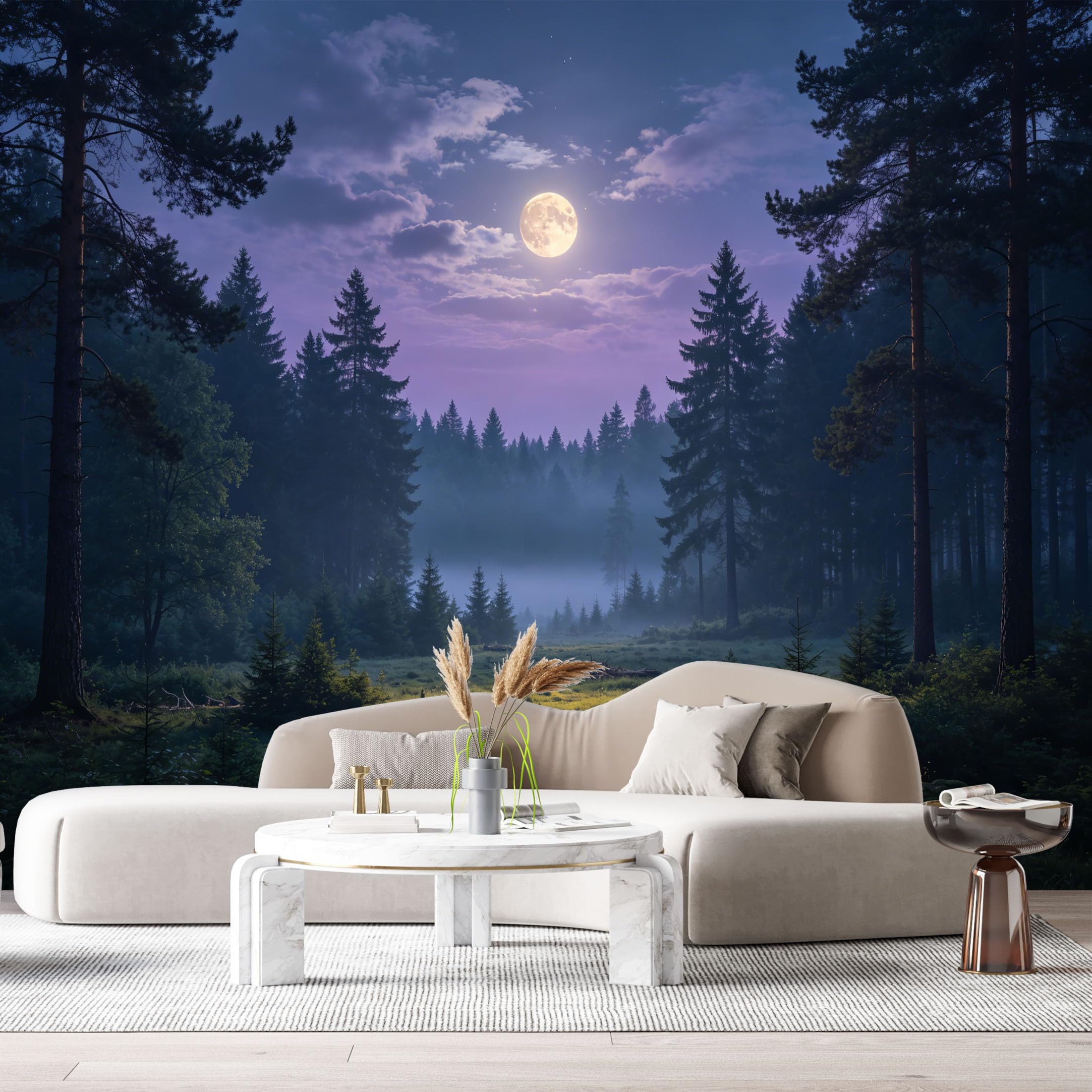 Custom Size Wall Murals Moonlight Forest Landscape Misty Pines Night Sky SelfAdhesive Wall Fabric Removable Large Wallpaper for Photo Living Room