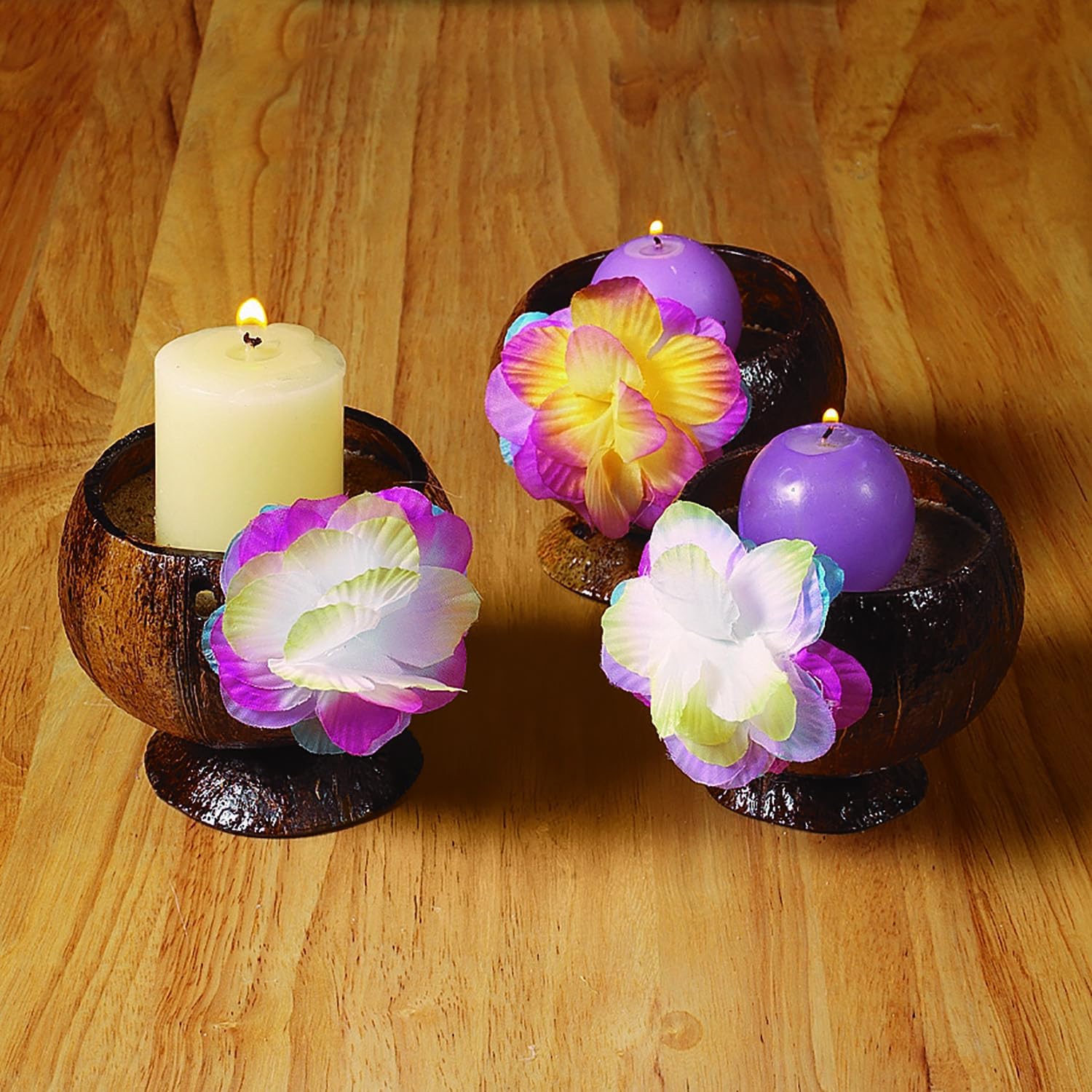 Fun Express Coconut Cups for Party 12 Pack - Natural Coconut Shell Cups with Colorful Flowers | Hawaiian Luau Party Supplies & Tiki Party Decorations | Tropical Theme Favor Holders for Candy Buffet