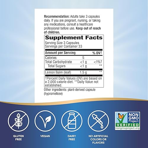 Miniatura 5 de Nature's Way Melissa - Hoja de bálsamo de limón, soporte tradicional para dormir*, sin melatonina, 1500 mg por porción de 3 cápsulas, verificado por