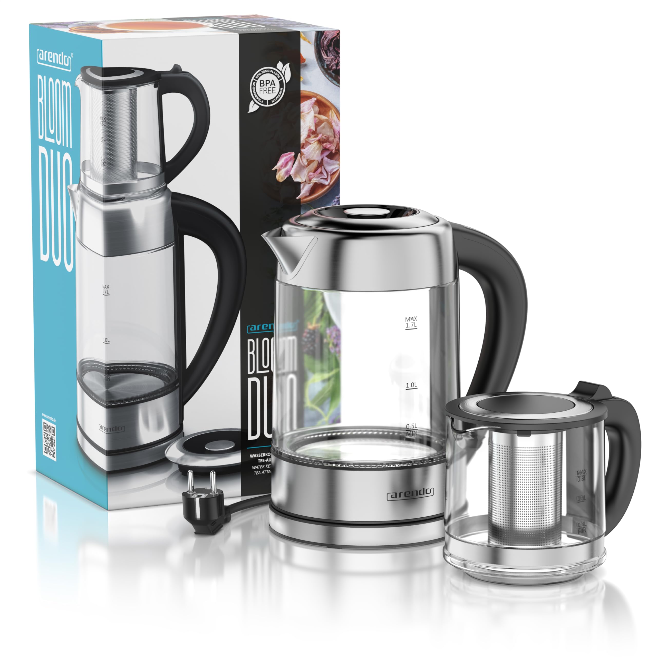 Arendo - Glas Wasserkocher mit Temperatureinstellung 1,8 Liter - Teekocher 0,8 Liter mit Sieb - 2200 W – Überhitzungsschutz – Temperaturauswahl 40° - 100°C - Warmhaltefunktion - LED Beleuchtung