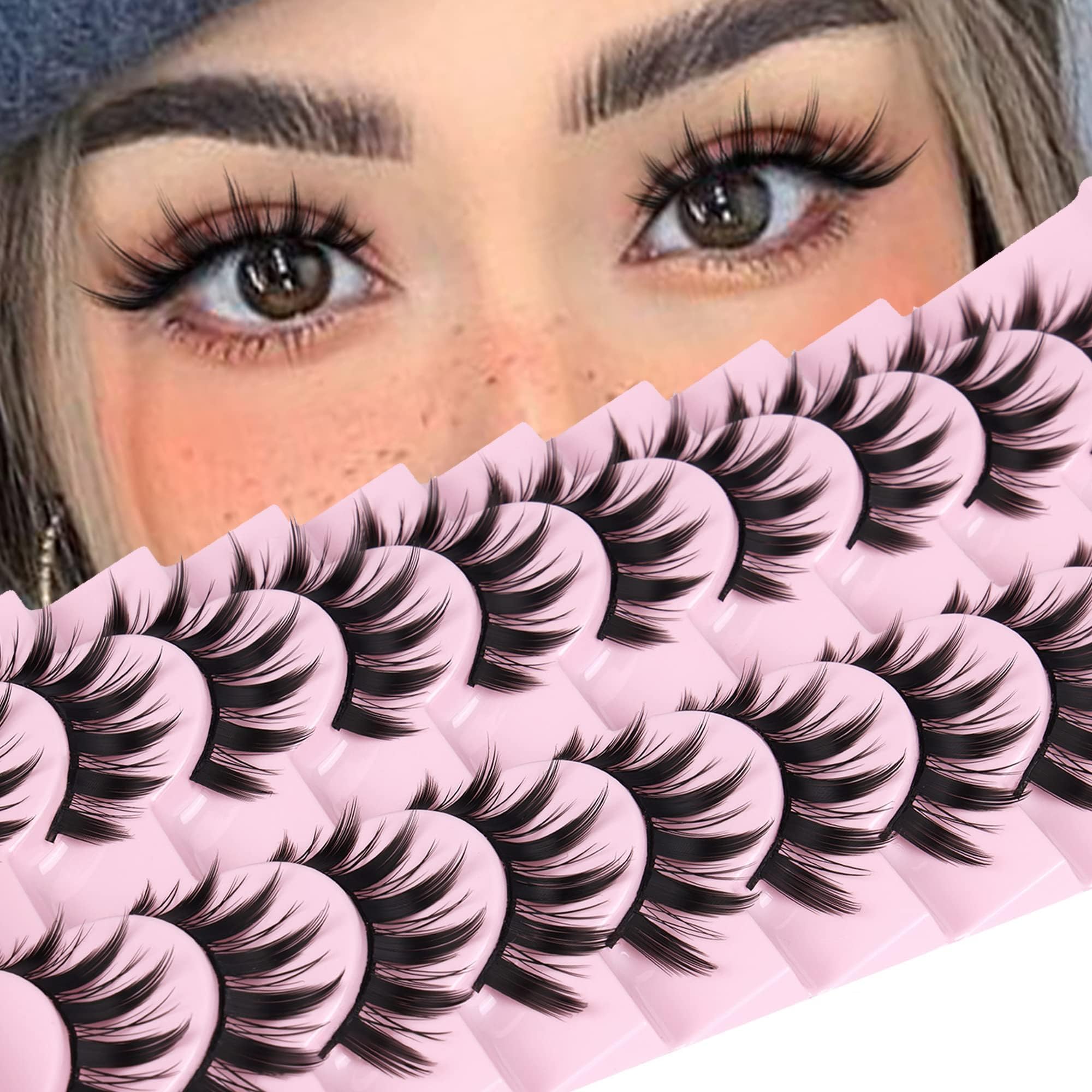 Joyzzz False Eyelashes, 10 Pairs Thick Cosplay Lashes Natural Look with 16MM, Manga Lashes with Japanese Style Anime, Wispy Faux Mink Lashes Full Strip Doll Lashes with Spiky 8D