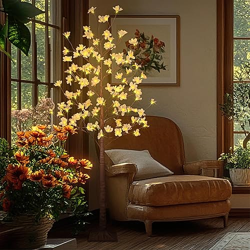 Miniatura 10 de LIGHTSHARE - Árbol de flores de cornejo iluminado de 6 pies con 120 luces blancas cálidas, planta artificial con bayas para decoración en primavera,