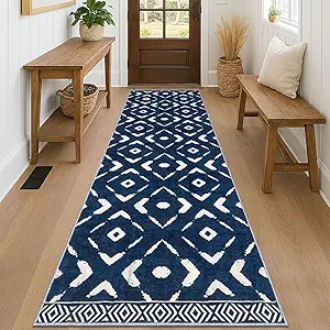 KILOCOCO Hallway Runner Rug 3x8 Runners for Hallways Washable Runner Soft Non Slip Printed Geometric Rubber Backed Low-Pile Rug Runners for Bedroom Kitchen Living Room Boho Rugs, Blue