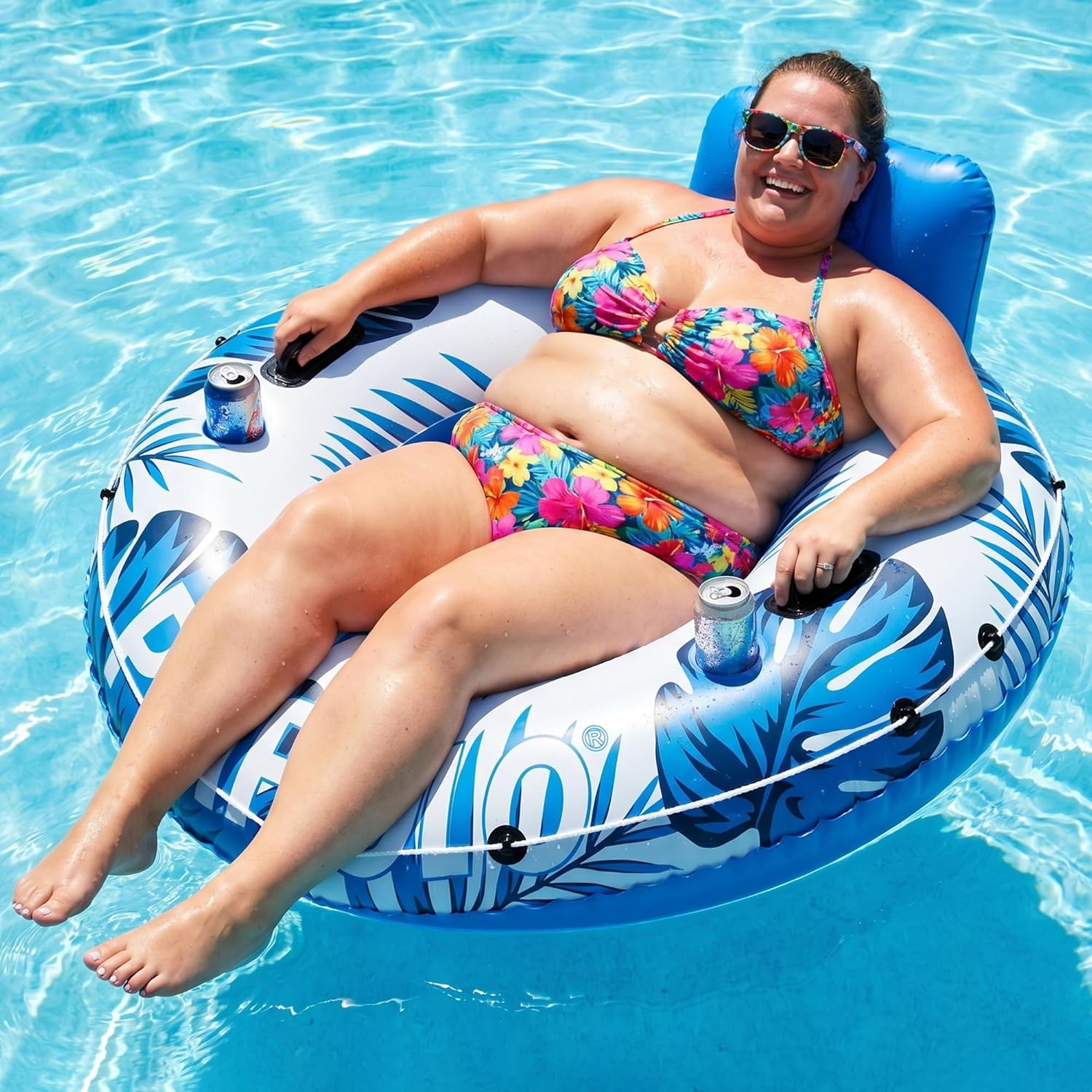 Pool Float Adult, XXL Large Inflatable River Tube Float, 56" River Tubes for Floating Heavy Duty with Mesh Bottom, Comfortable Backrest & 2 Cup Holders & Durable Grab Handles,500 lbs Weight Capacity