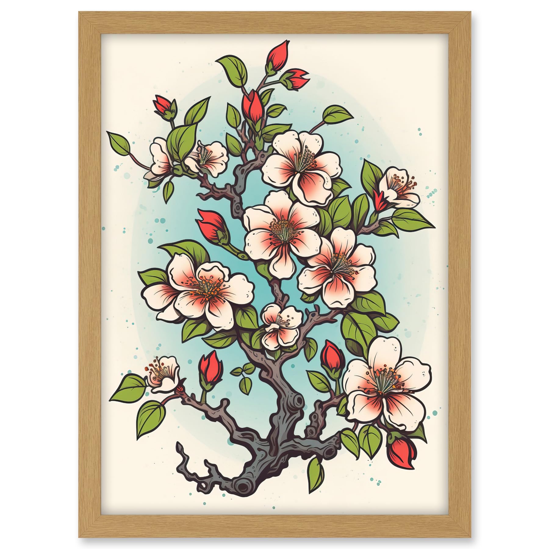 Artery8 Cherry Blossom Branch Bright Tattoo Ink Body Art Rockabilly Americana 50s Artwork Framed A3 Wall Art Print