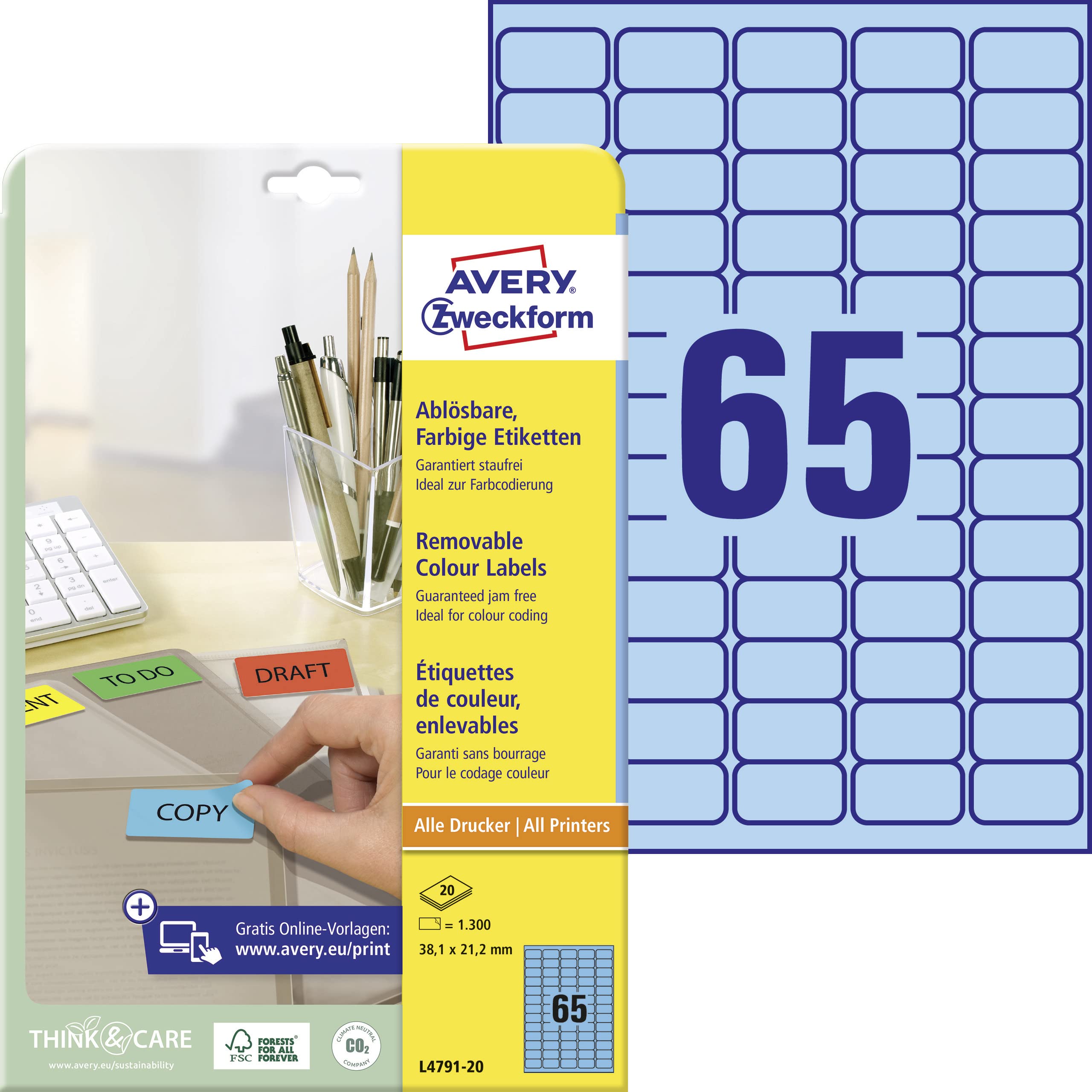 AVERY Zweckform Etiketten Blau 38,1x21,2 mm – L4791-20, 1.300 Aufkleber auf 20 Blatt