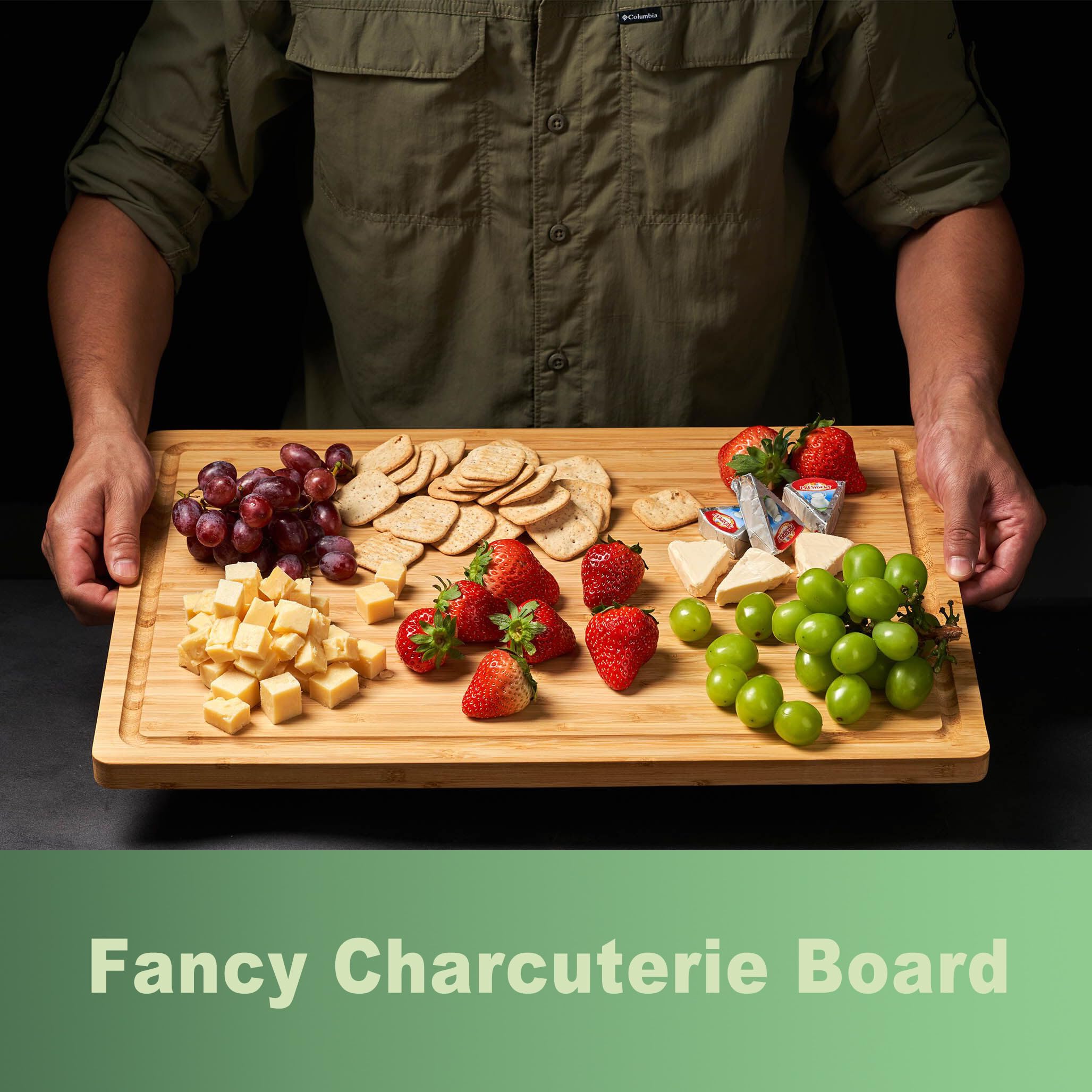 Bambusowe deski do krojenia do kuchni, drewniane, wędliny, taca do serwowania sera, z bocznymi uchwytami i rowkami na sok, solidna, trwała, odwracalna, 50 x 35 cm