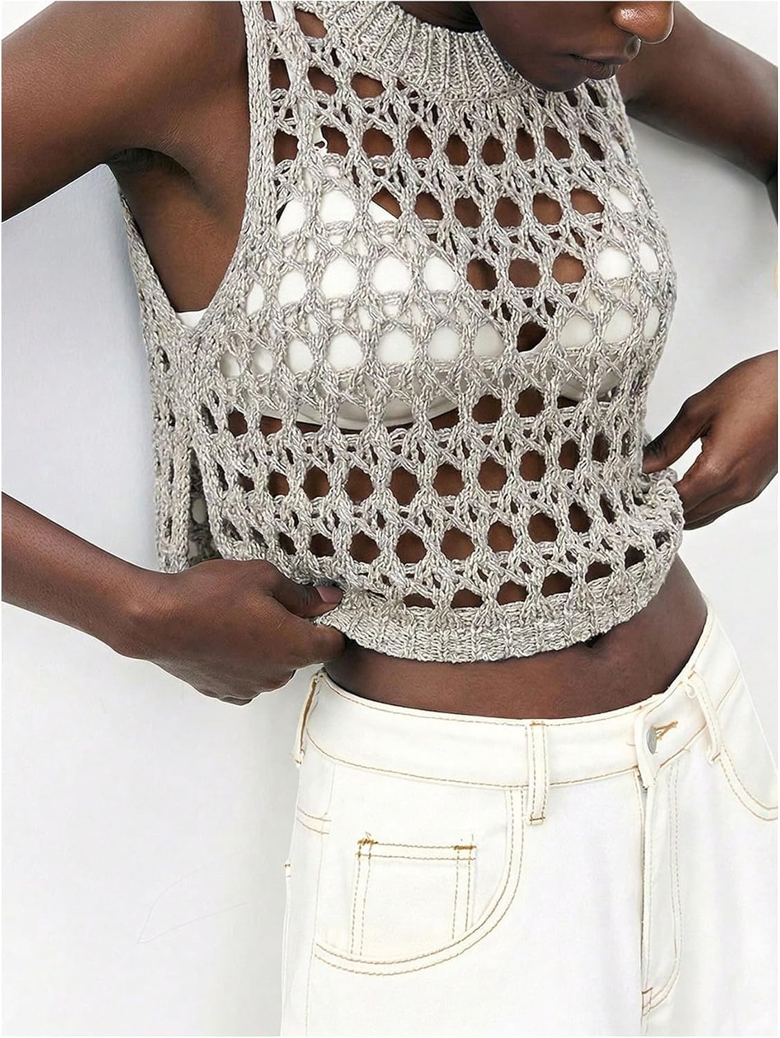 SweatyRocks Women's Hollow Out Crochet Cropped Tank Top Side Split Crewneck Sheer Knit Sweater Vest