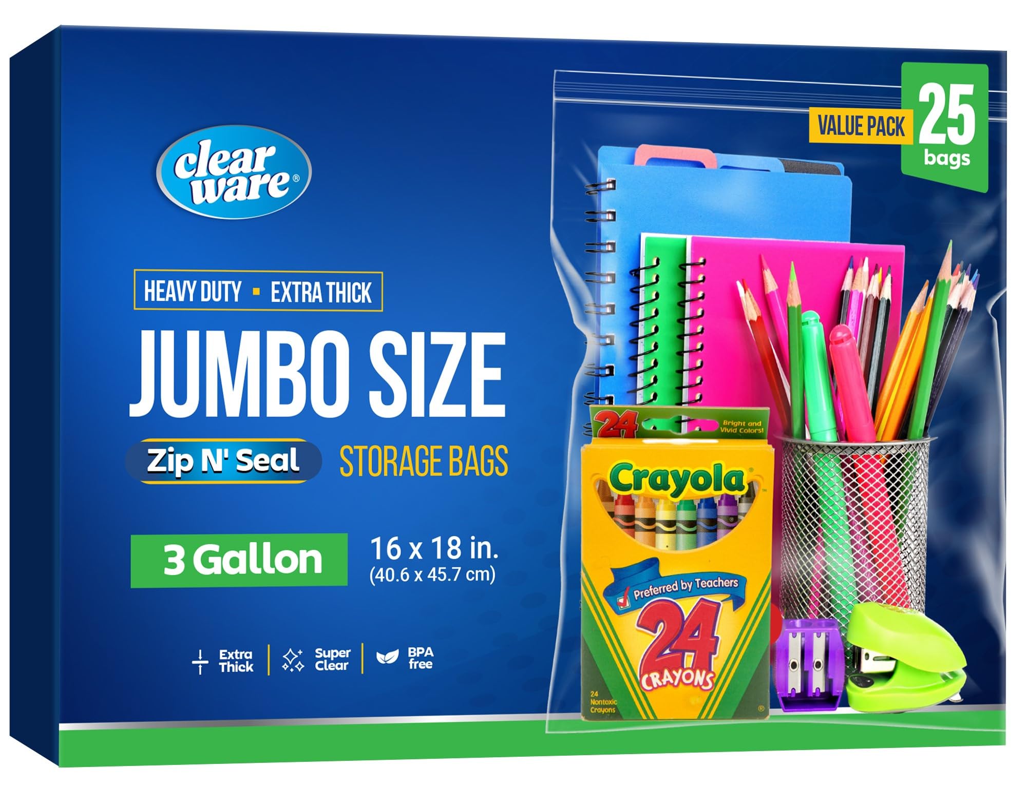 Large Storage Bags With Zipper Top - 3 Gallon Size, 16" x 18", Extra Large Plastic for Clothes, Travel, Moving, Large Reusable freezer bags, BPA-Free, 2-mil Thick (X-Large, 25, Count)