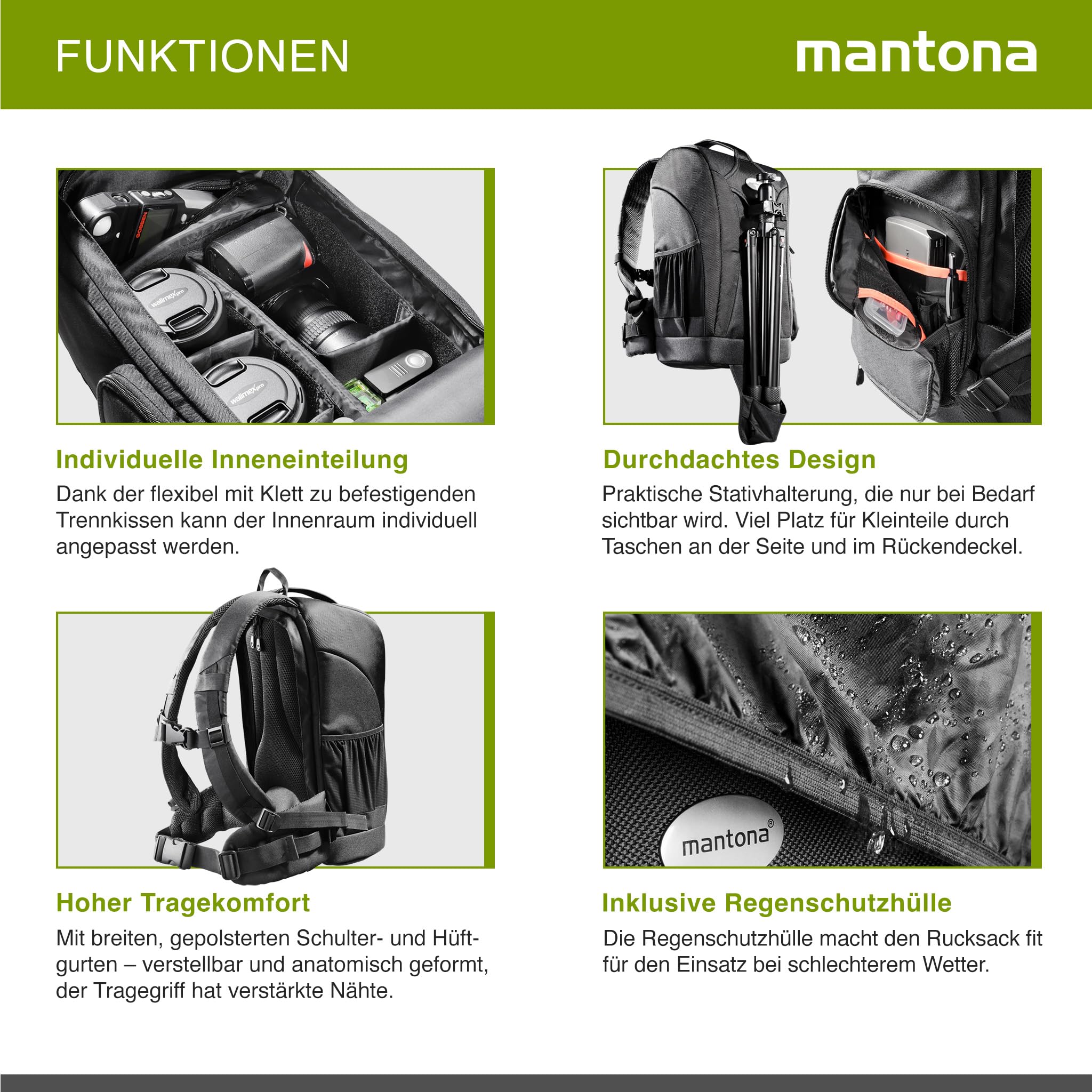 Mantona Sac à dos SLR Trekking (avec protection anti-vol et fixation de trépied) universel