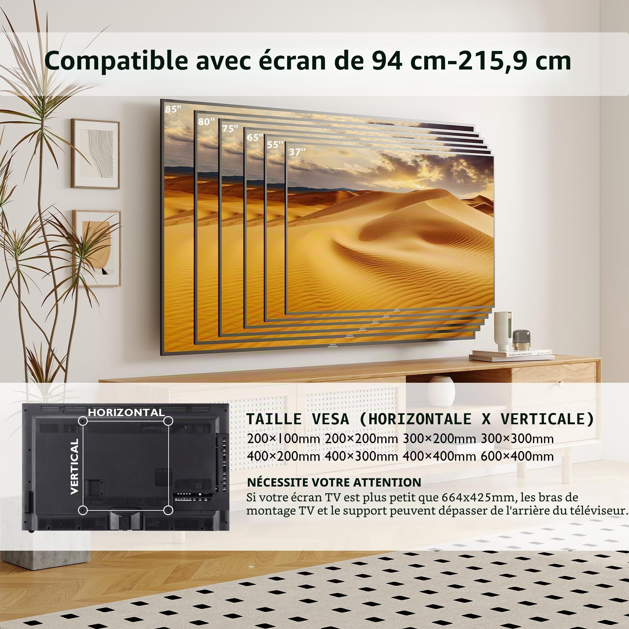 BONTEC Support TV Mural Articulé 37-85 Pouces, Support Mural TV Pivotant Inclinable, Bras Double 68-420mm, Jusqu’à 60kg, VESA 200x100-600x400, pour Écran Plat ou Incurvé