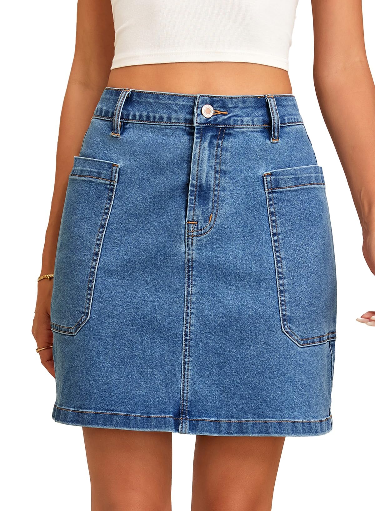 Sidefeel Womens Jean Skirt High Waisted Stretchy Casual Denim Above Knee Skirts with Patch Pockets