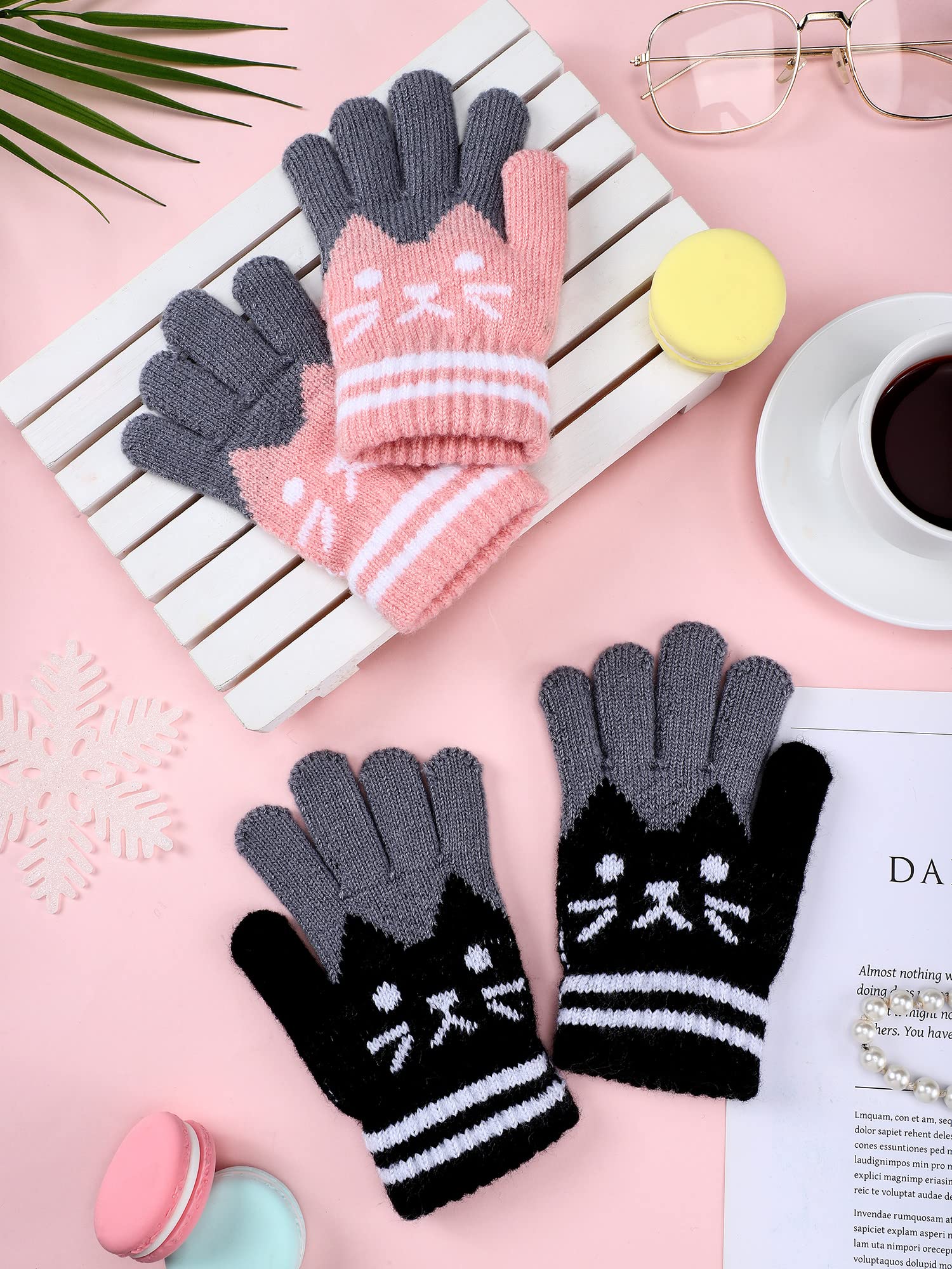 SATINIOR 2 Pares Guantes de Punto para Niños 6-12 Años Guantes de Invierno de Gatos Lindos Guantes Térmicos, Negro y Rosa