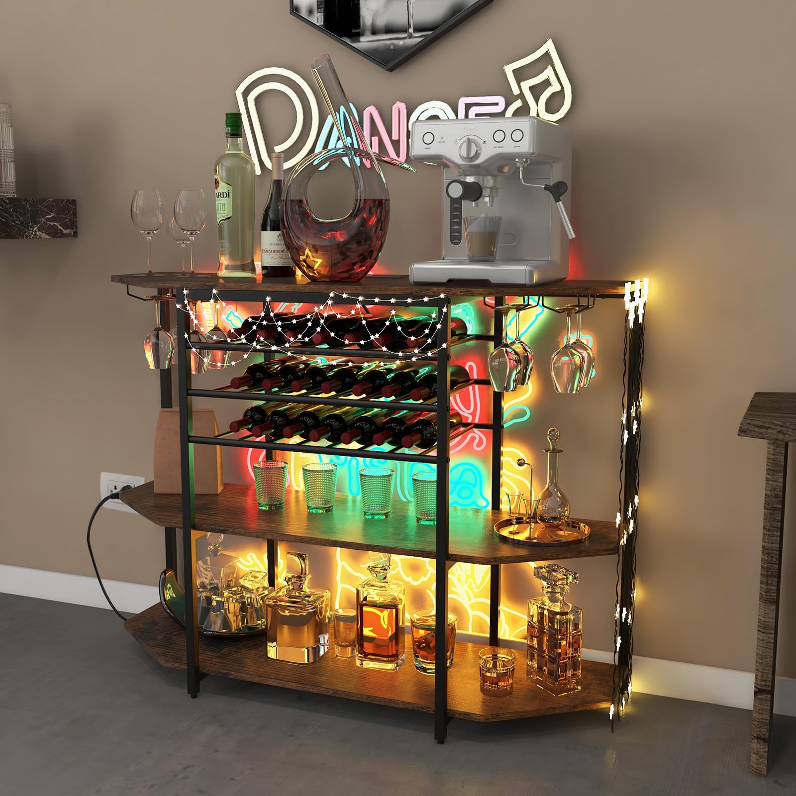 GOPLUS - Portabotellas con estación de carga integrada, mueble de bar de 3 niveles con estantes abiertos espaciosos y armario para botellas de vino, adecuado para cocina, comedor (Brown Industri)