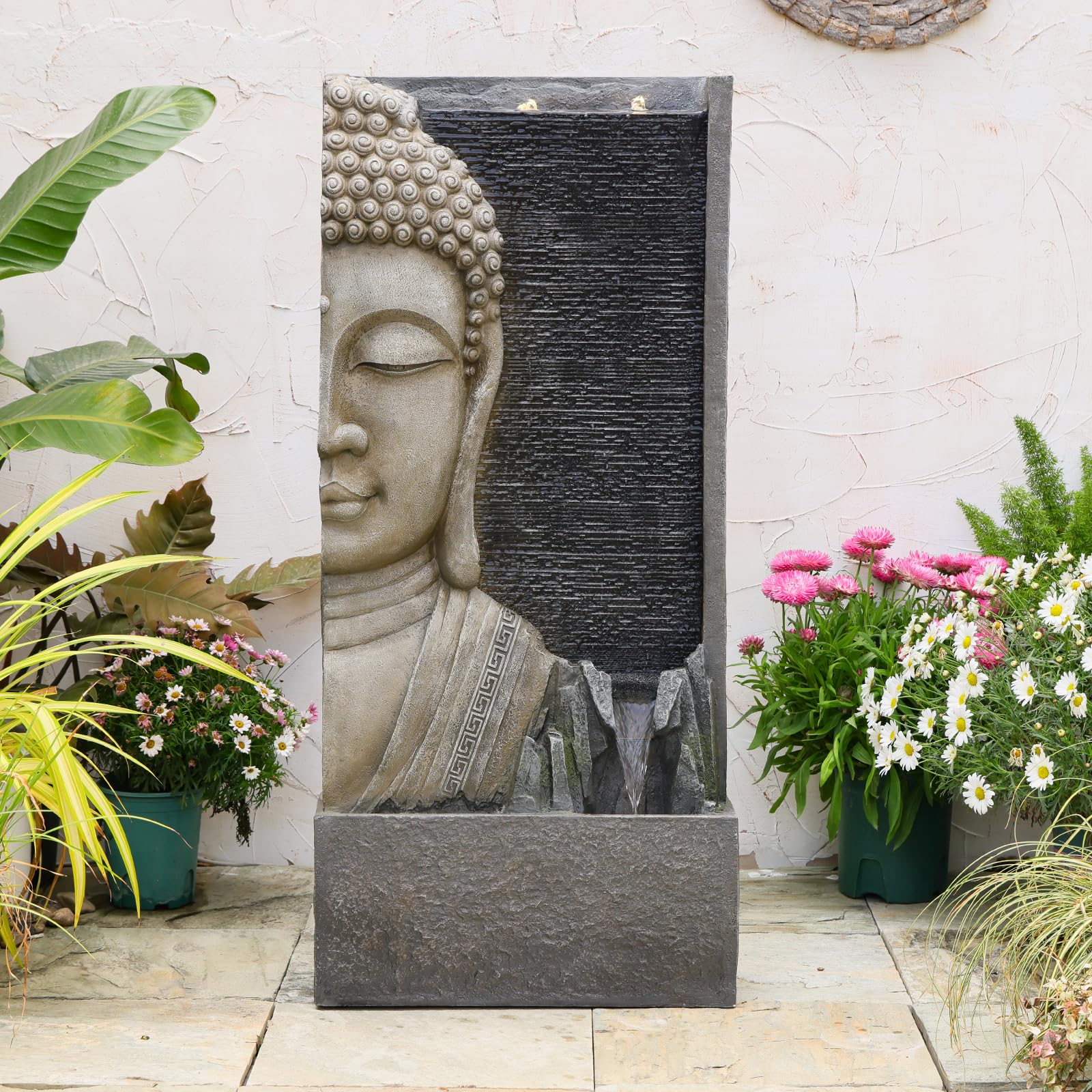 Tankana Buddha-Wasserbrunnen für den Außenbereich, 119,4 cm, mit LED-Lichtern, großer Zen-Gartenwasserfall mit Doppelblasen, Statue aus Kunstharz für Terrasse, Hof, Veranda, Dekoration