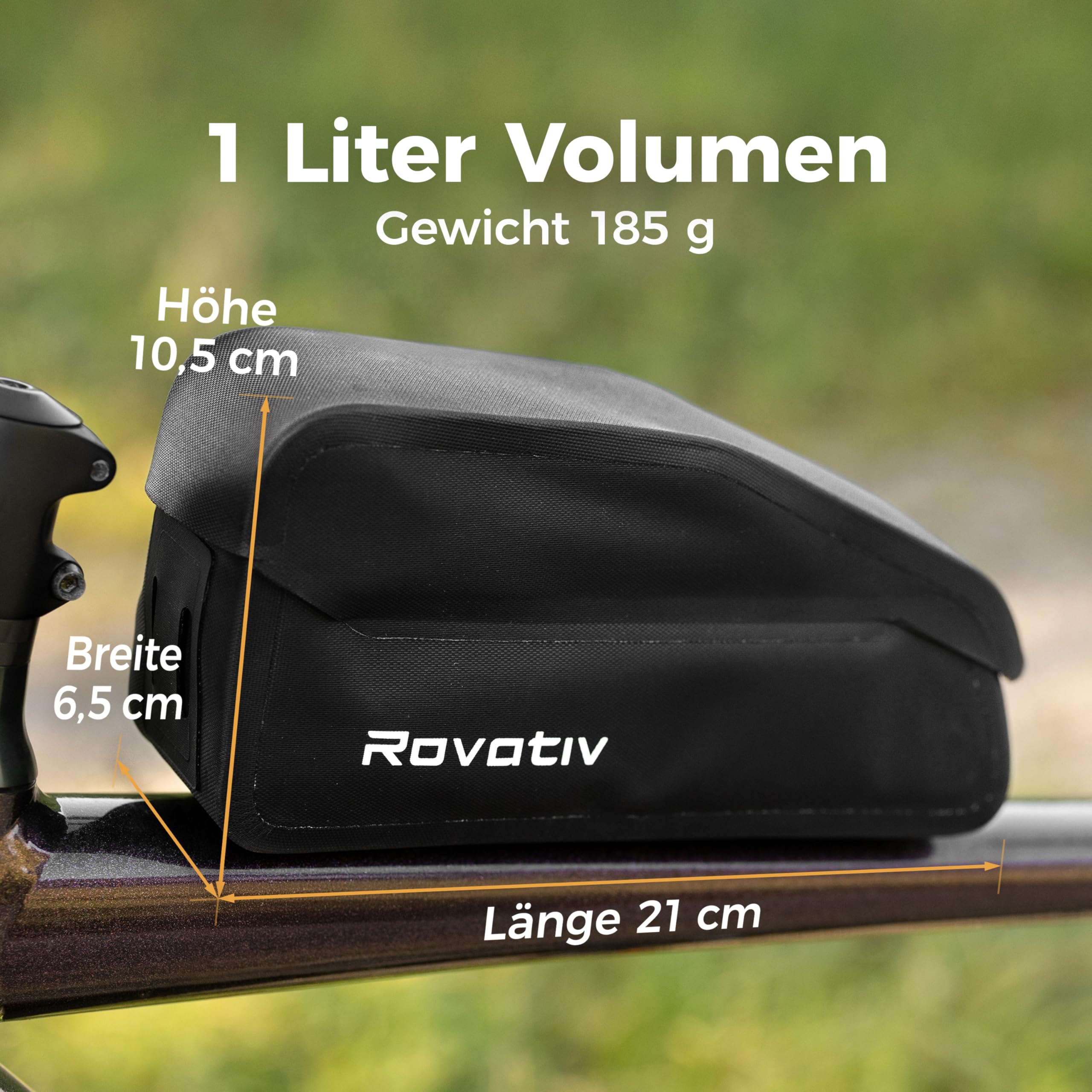 Rovativ® Bikepacking Oberrohrtasche [1 Liter] 100% Wasserdicht - Schraubbar mit magnetischem Deckel und Kabelauslass für Gravelbike Rennrad und MTB