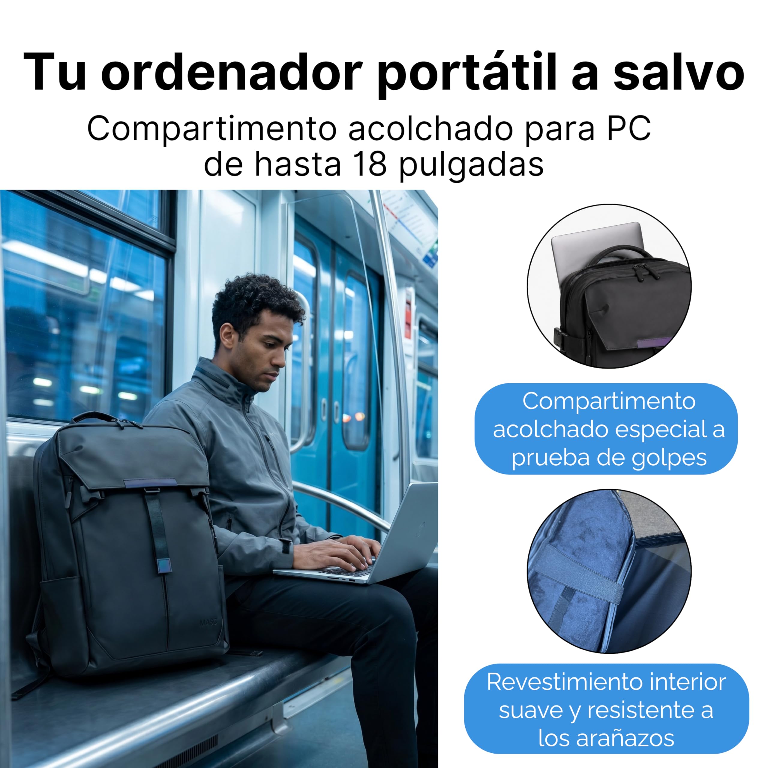 MASC Mochila de Viaje Impermeable y Ergonómica con Múltiples Compartimentos, 27L, ideal como Mochila de Trabajo con espacio para un Portátil de 18 pulgadas, Elegante para la Oficina