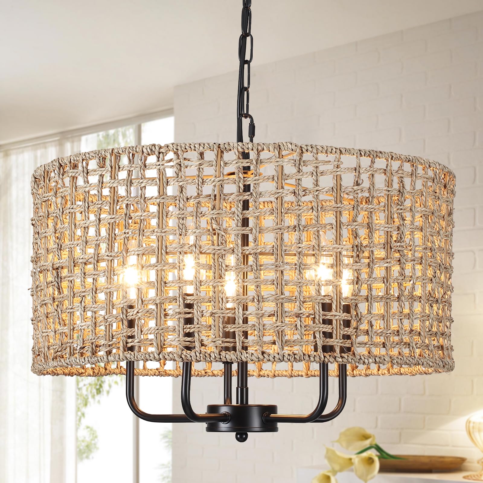 Rattan Chandelier for Dining Room 5-Light Boho Chandeliers Light Fixture Brown and Black Woven Pendant Light Farmhouse Light Fixtures for Living Room,Foyer,Kitchen Island,Coastal,Stairway,Hallway,E12
