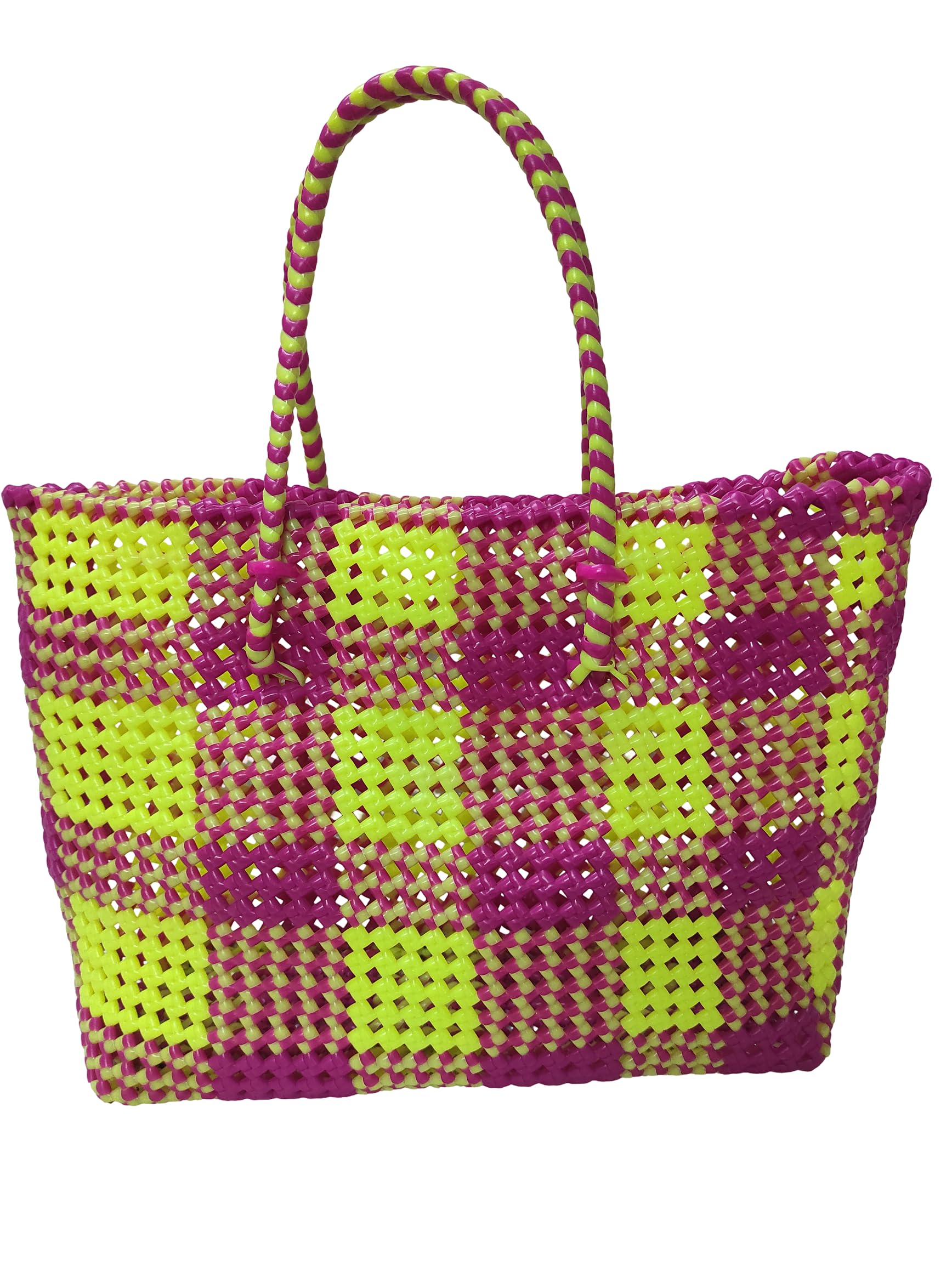 Manos - Handmade Multicolor Plastic Shopping Wire Bag - Grocery Basket-(Koodai,टोकरी) Durable (pinkyellow)