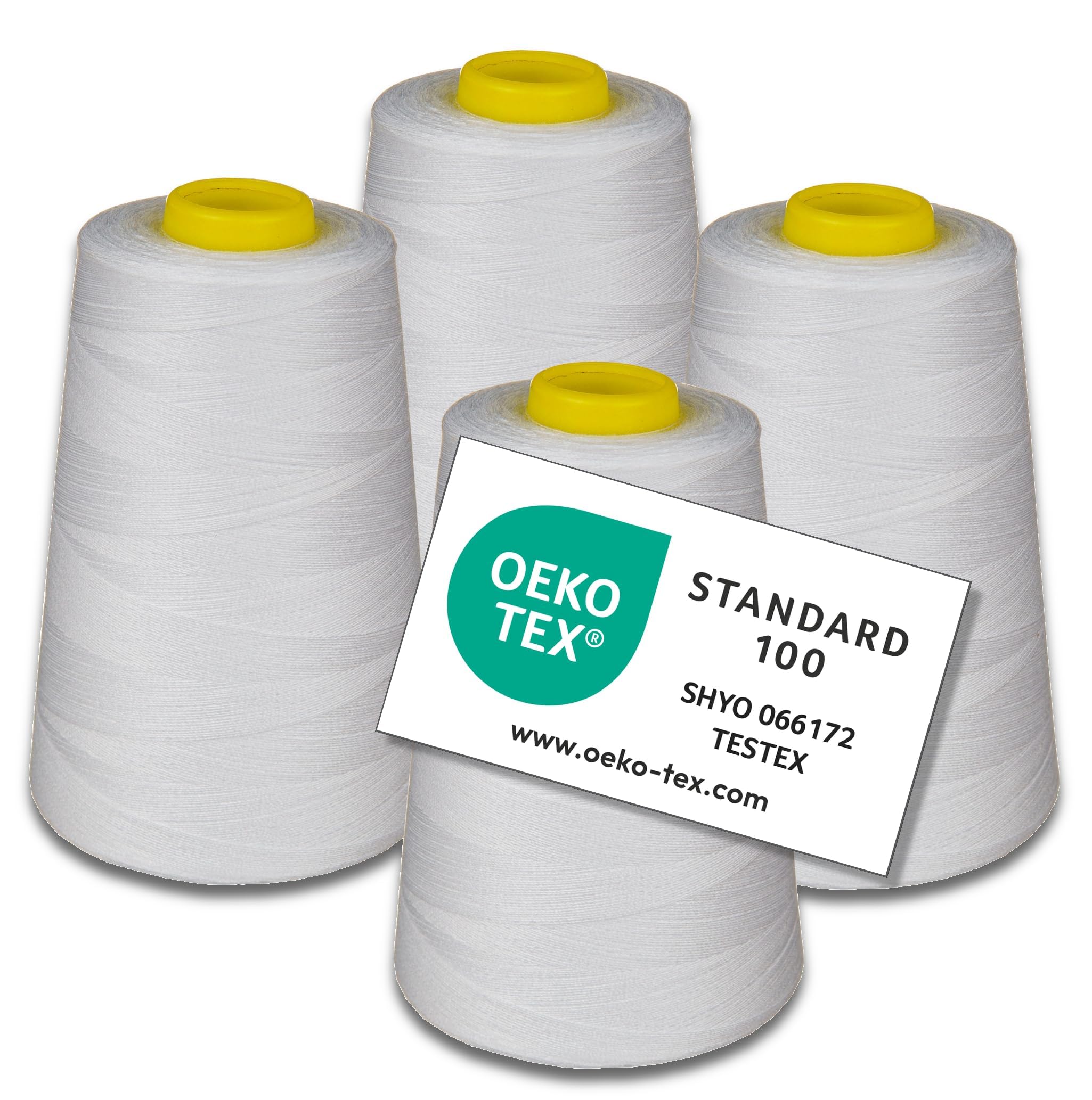 Set di fili overlock Lialina con 4 coni Bianco, OEKO-TEX, spessore 120, lunghezza 5000m per cono, 100% poliestere, filo da cucire per macchine overlock