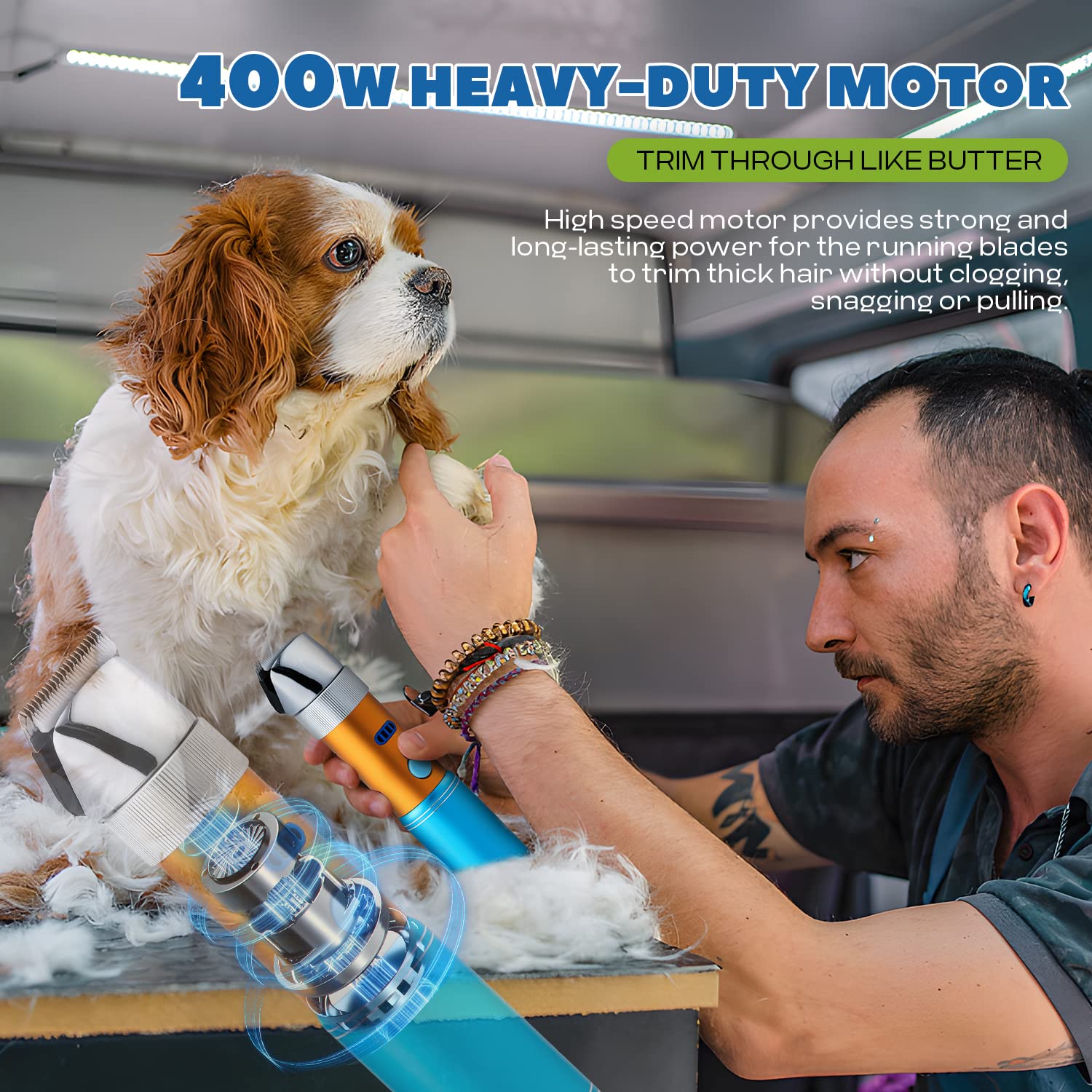 Tosatrice per cani senza fili da 400 W con batteria ricaricabile in standby da 5 h, a basso rumore < 50 db, kit di rasoi per animali domestici, con 2 lame affilate e staccabili da 3 mm e 6 mm,