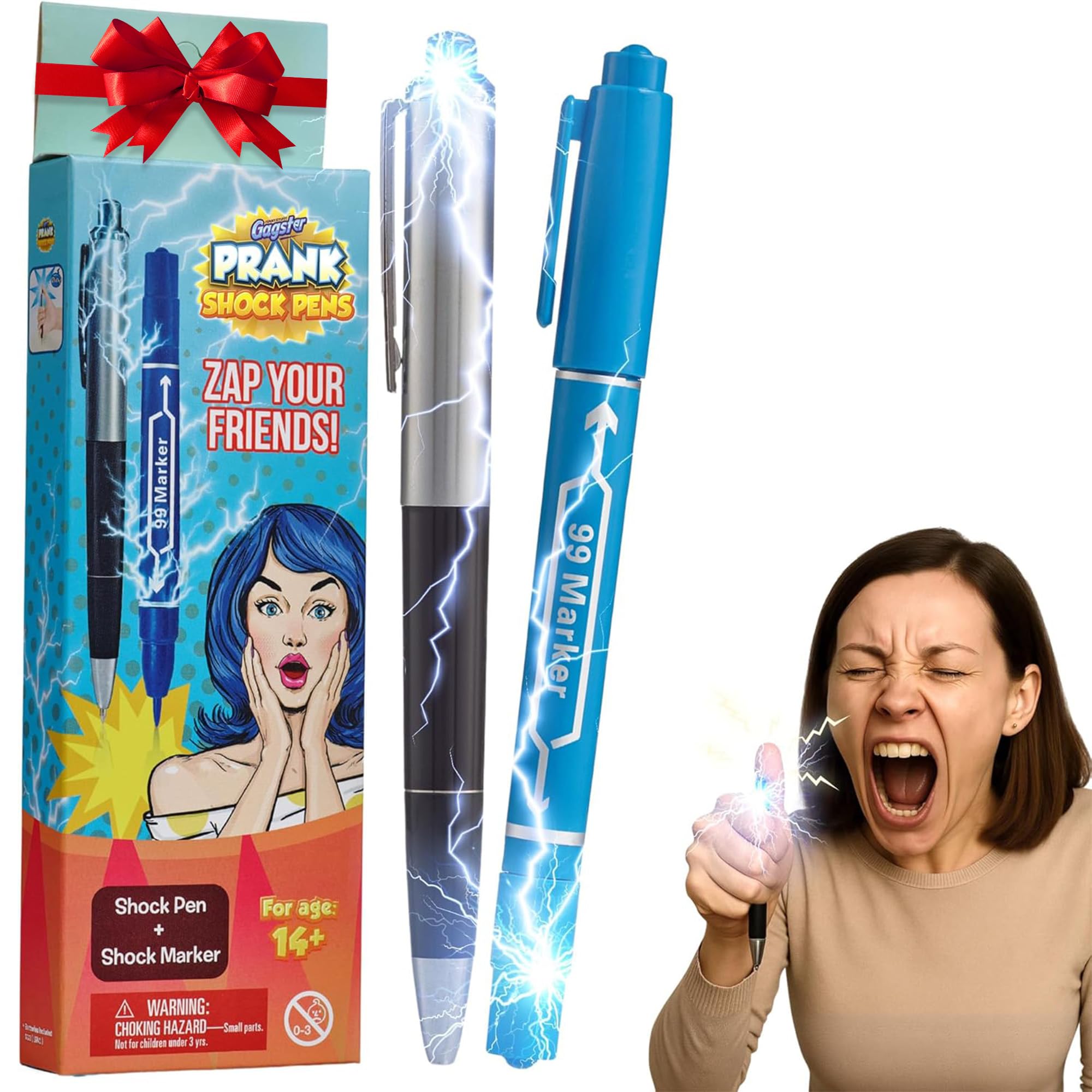 Gagster Electric Shock Pen and Marker Prank Set - Hilarious Gag Gifts for Adults - Fun Office Prank Gadgets - Shocking Stun Pen and Marker - Electric Shock April Fools' Joke Toys - Black/Blue (2-Pack)