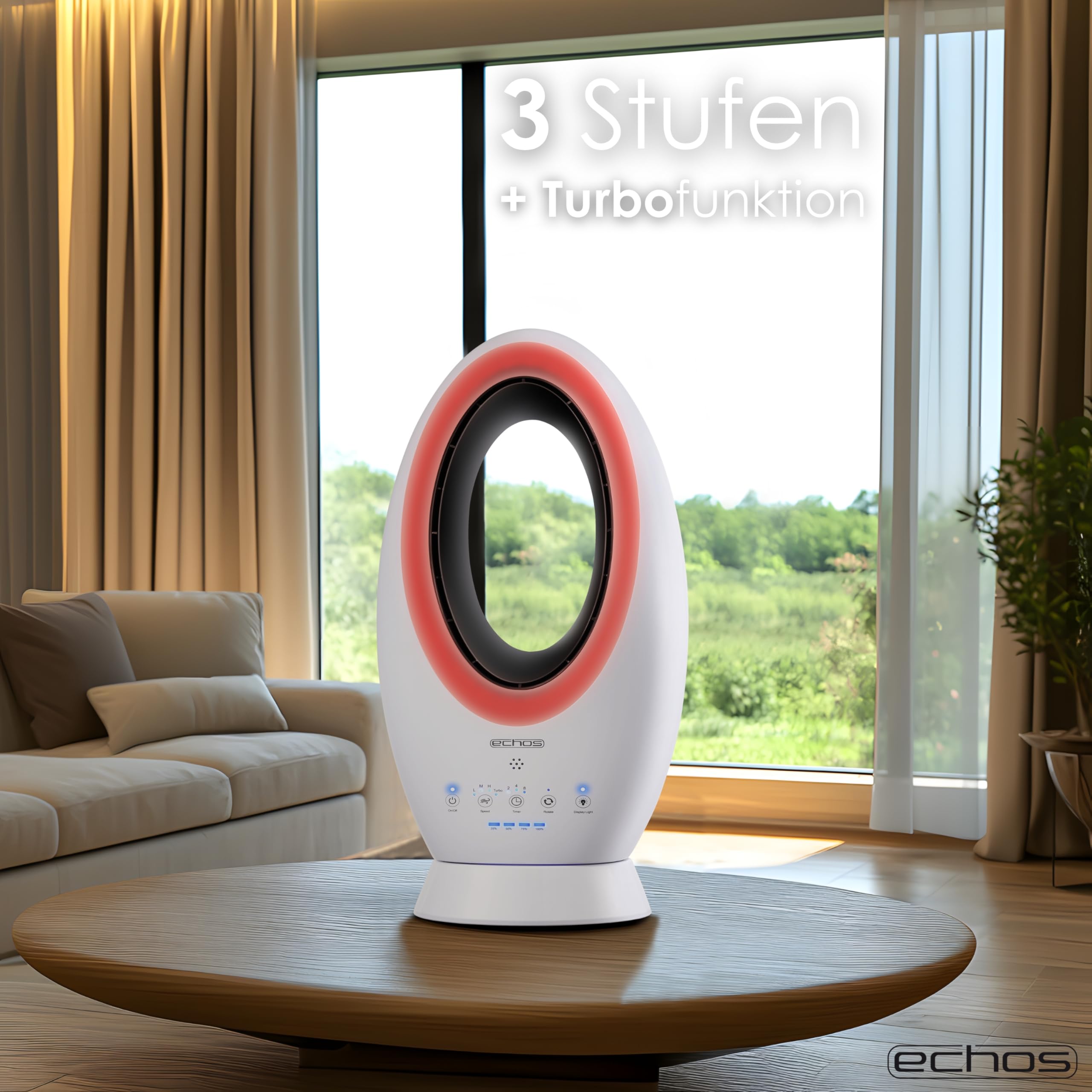 Echos®- 2-in-1 Design Akku Turmventilator Standventilator mit Fernbedienung kabellos - Akku- oder Strombetrieb - Leiser Ventilator Tischventilator oszillierend - Fernbedienung LED Beleuchtung