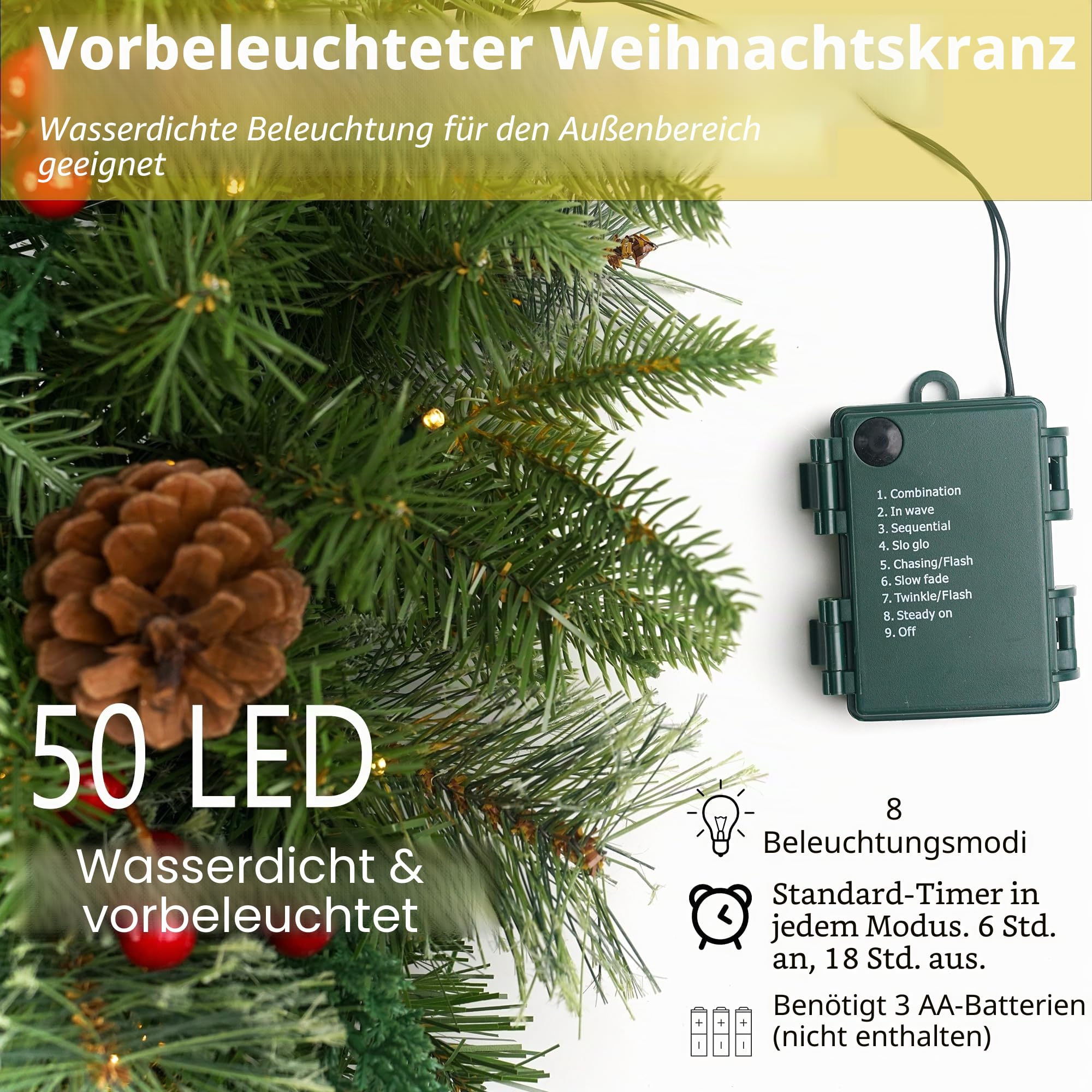 Weihnachtskranz Vorbeleuchtet 61.0 cm mit 50 Licht & Tannenzapfen, Künstliche Weihnachtskränze für Haustür mit Lichtern, Kranz für Weihnachtsdekoration Tür Fenster Wand Grün