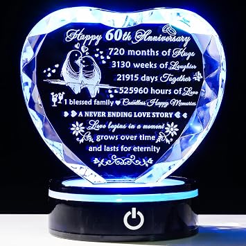 YWHL 60th Wedding Anniversary Crystal Heart Gifts for Parents Couple, Laser Engraved Romantic 60 Year Anniversary Crystal Keepsake Decorations Gifts for Wife Husband, 60 Years of Marriage Gifts
