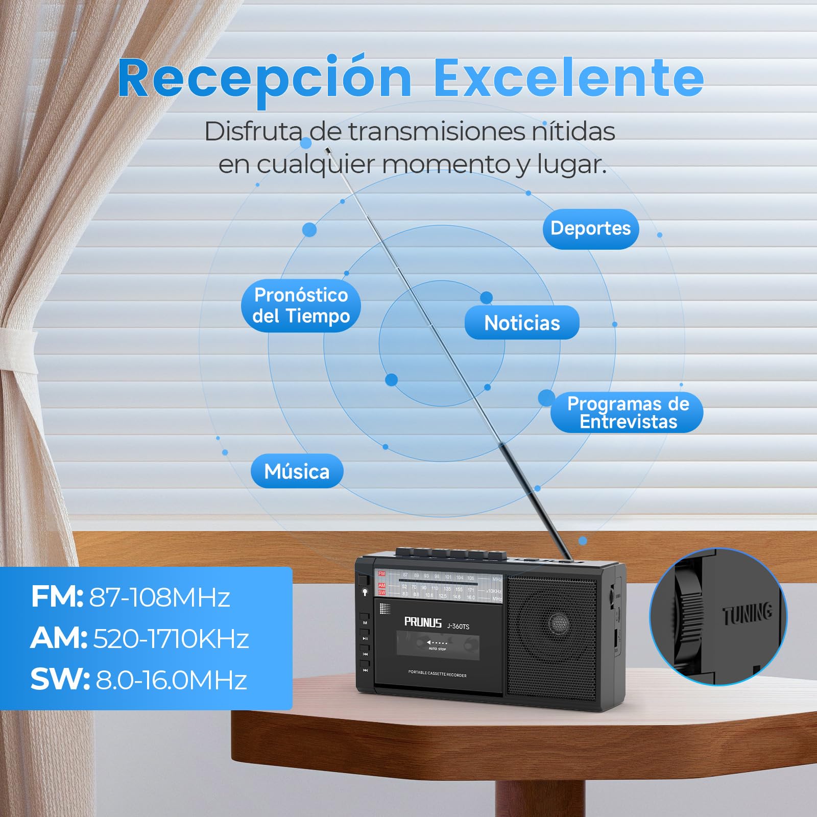 PRUNUS J-360 Reproductor Cassette con Bluetooth, Am/FM Radio Solar y Recargable, Radio Cassette Player con Toma de Auriculares, Reproductor de TF/USB.