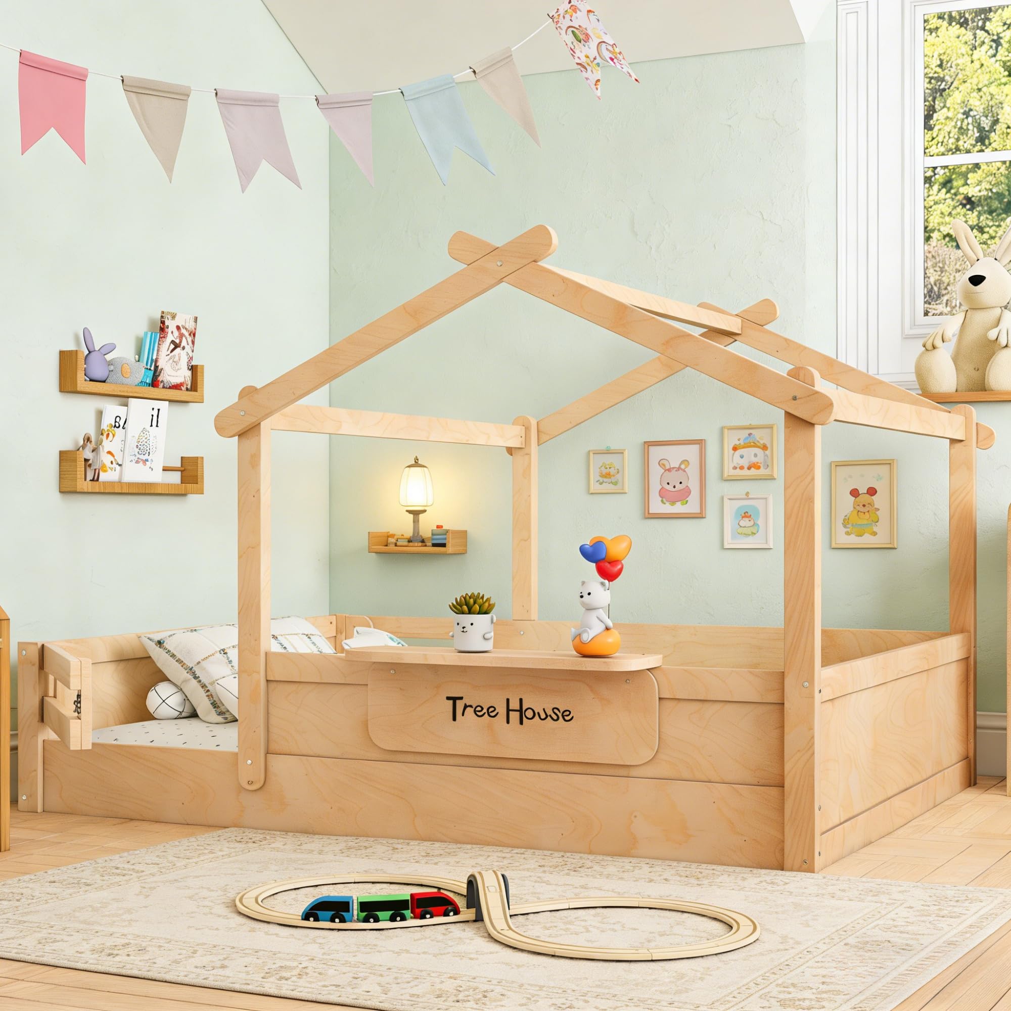 Full Size Floor Bed for Kids, Solid Wood House Floor Bed with Roof, Built-in Shelfe, and Free-installed Signboard, Montessori Floor Beds Frame for