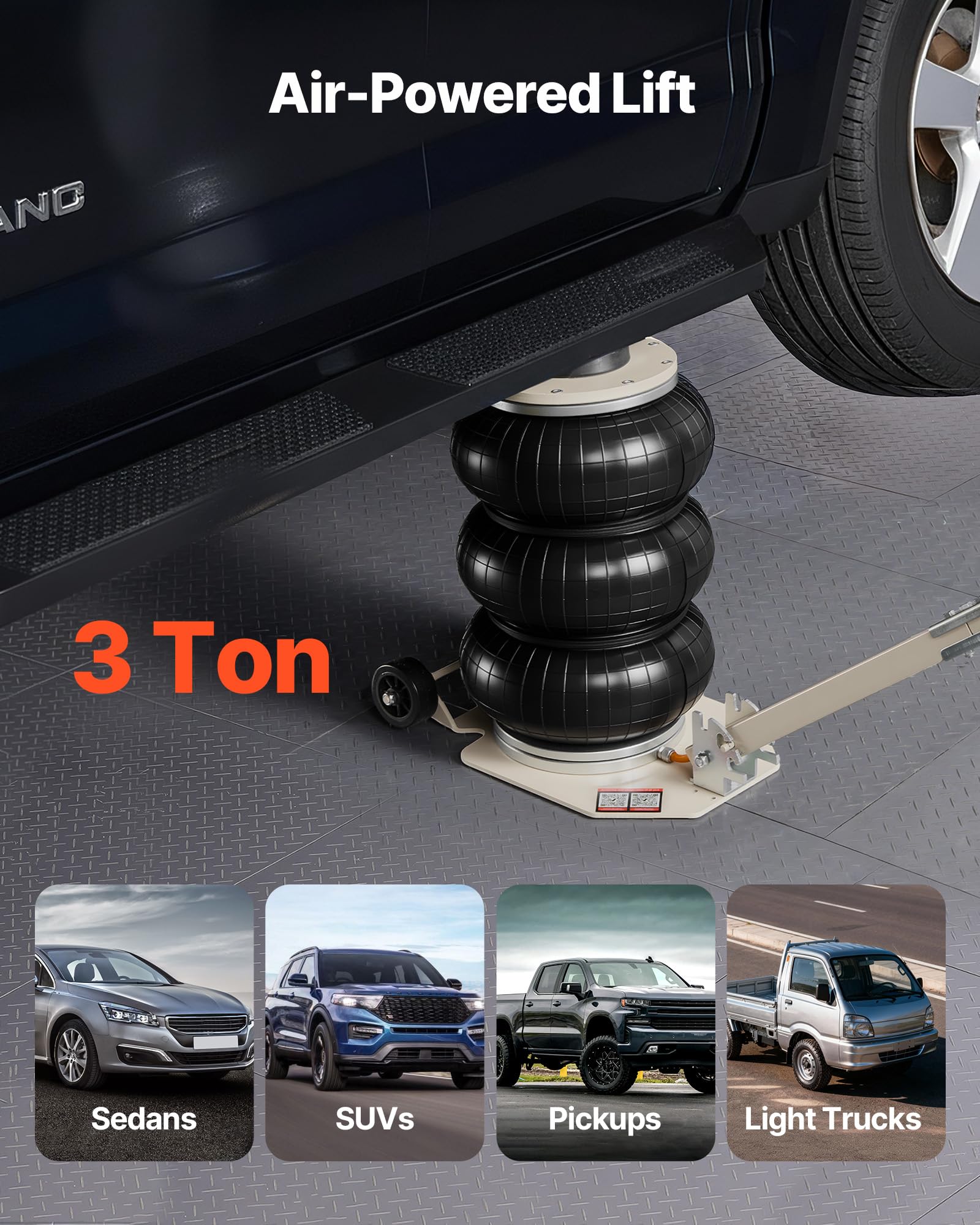 VEVOR Gato Neumático para Coches 3 T, con 6 Tubos de Acero y Manivela Ajustable, Altura de Elevación 140 a 450 mm, para Cambios de Neumáticos y Reparaciones de Vehículo, 1100 x 268 x 140–450 mm