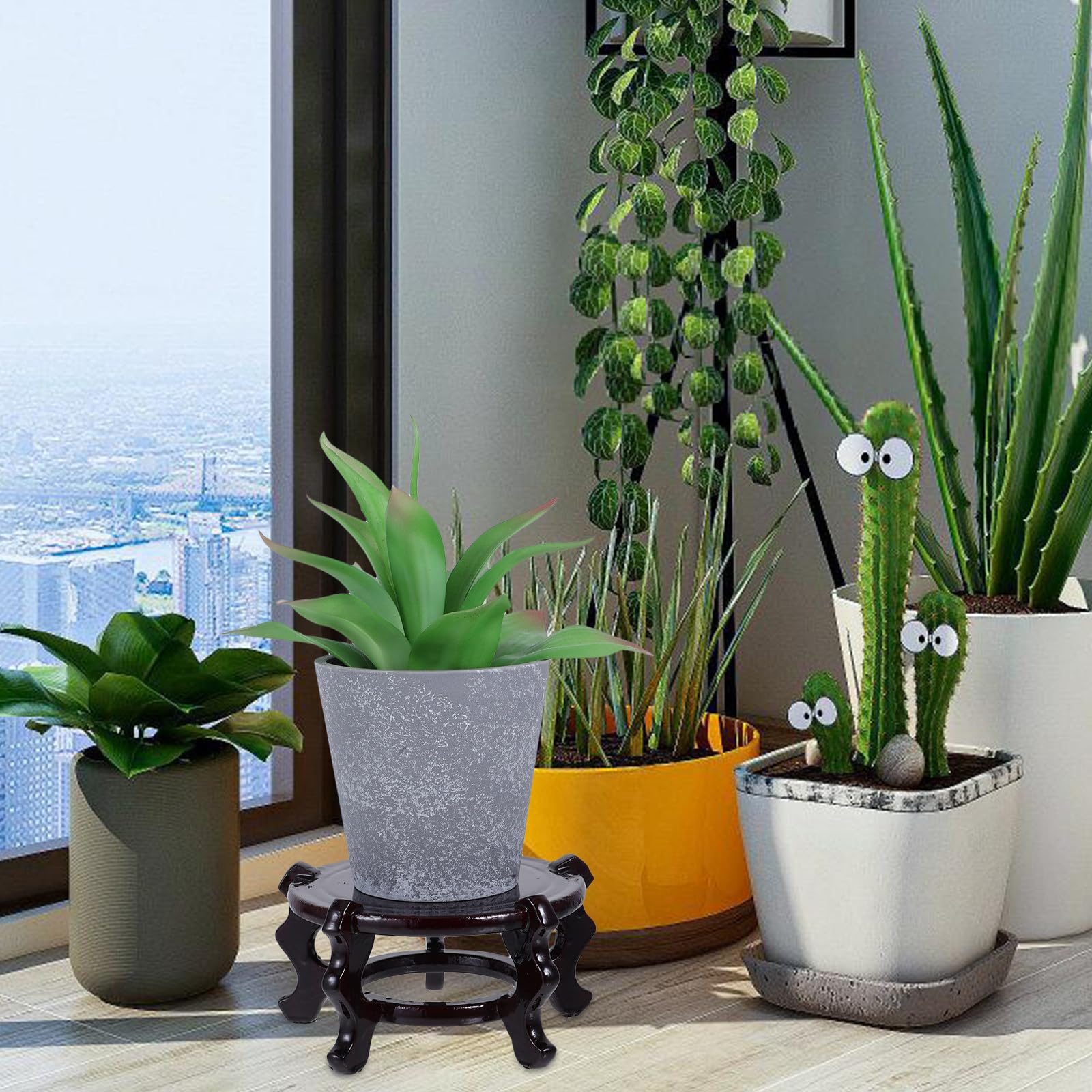 Soporte para Macetas de Madera Marrón, Base Redonda para Plantas Interior, Exhibidor Creativo de 2 Piezas, Adecuado para Cualquier Rincón del Hogar