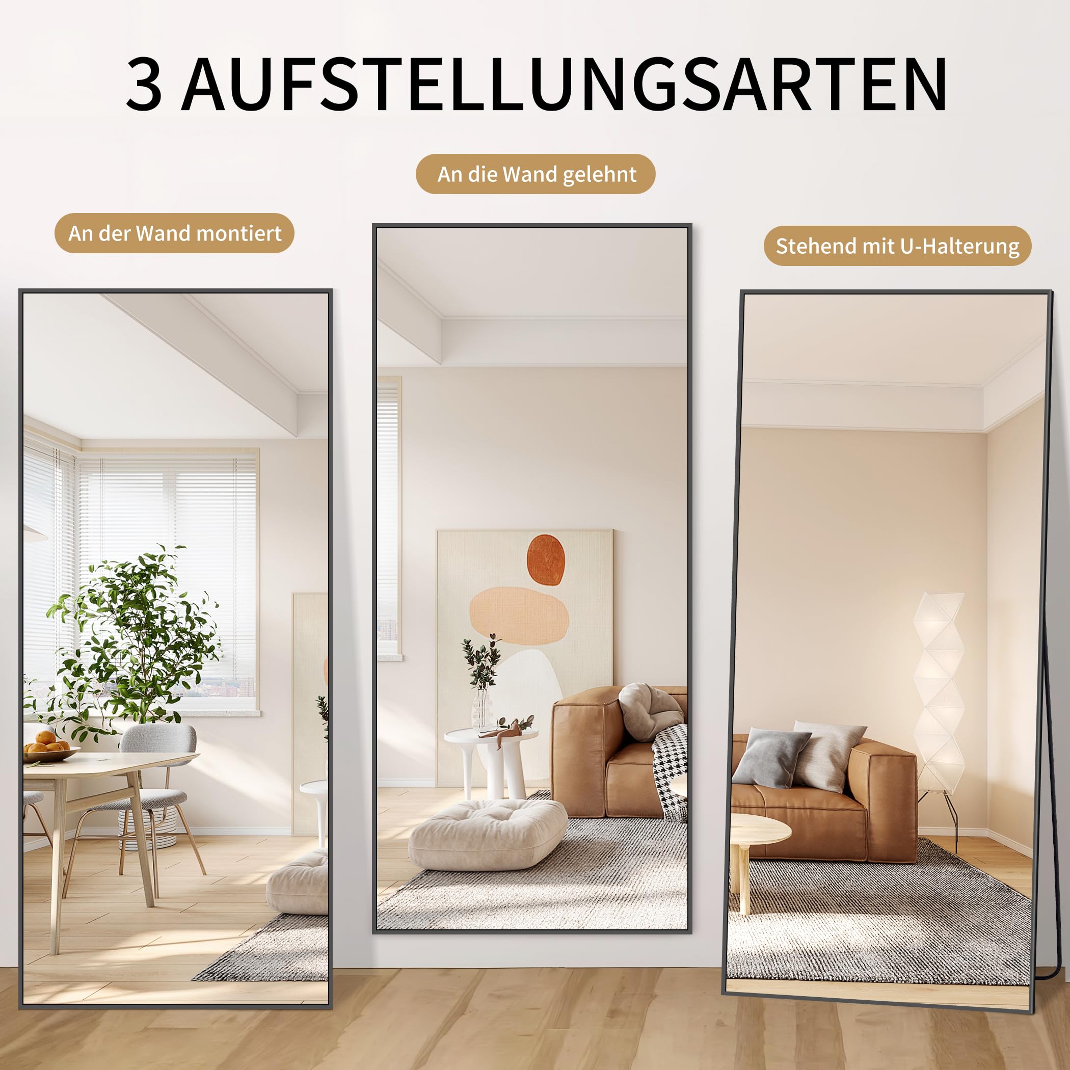 KOCUUY Rechteckig Ganzkörperspiegel, 192 x 85 cm Großer Standspiegel, Groß Wandspiegel mit Schwarz Aluminium Rahmen, Hängend, Stehend, Kippbar, für Wohnzimmer, Schlafzimmer und Flure