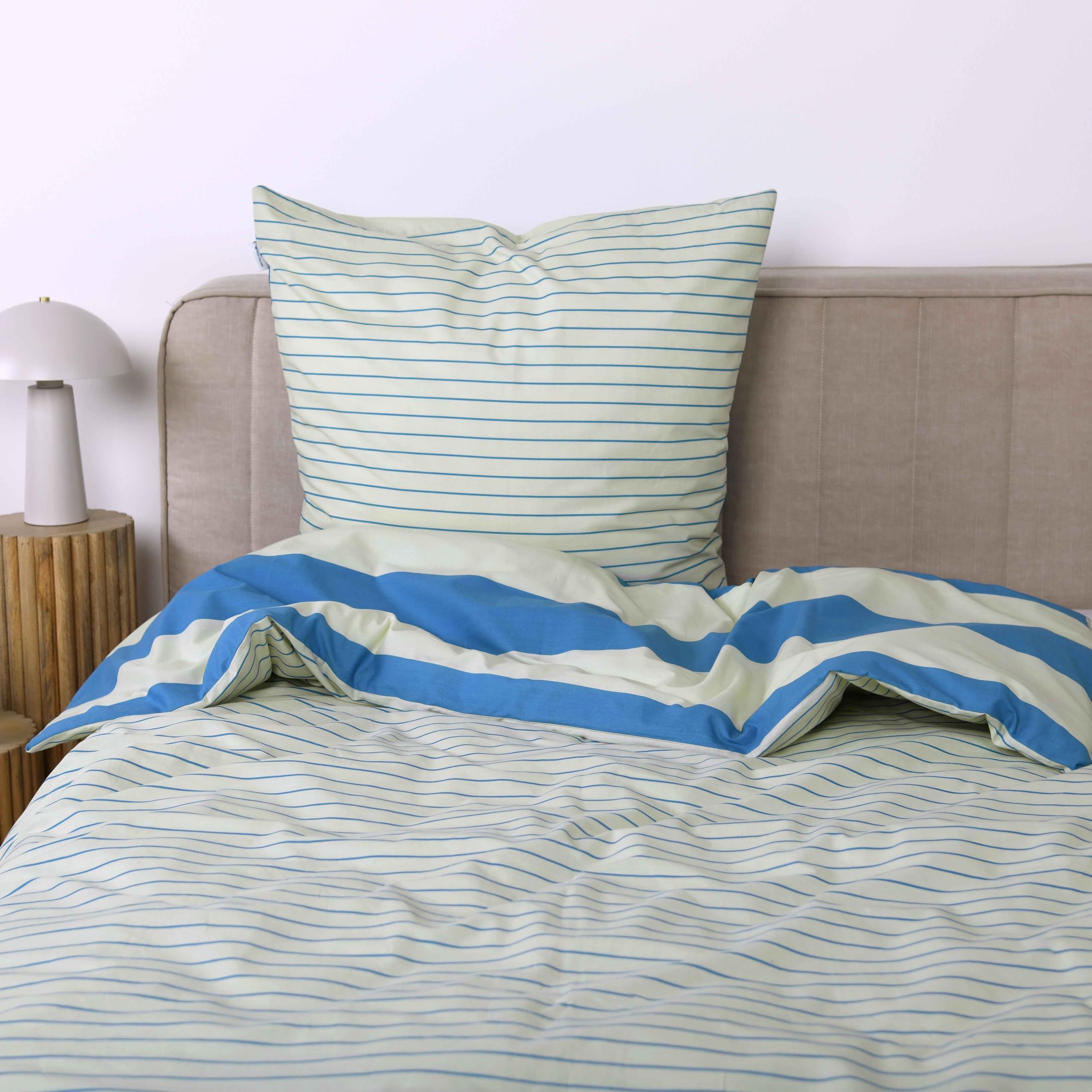 TOM TAILOR Renforcé-Bettwäsche, 80x80 cm + 155x220 cm, 100% Baumwolle/ Renforcé, mit Wendemotiv und farbigem Reißverschluss, BOLD STRIPES Grün, Blau (Green Leaf & Cool Blue)