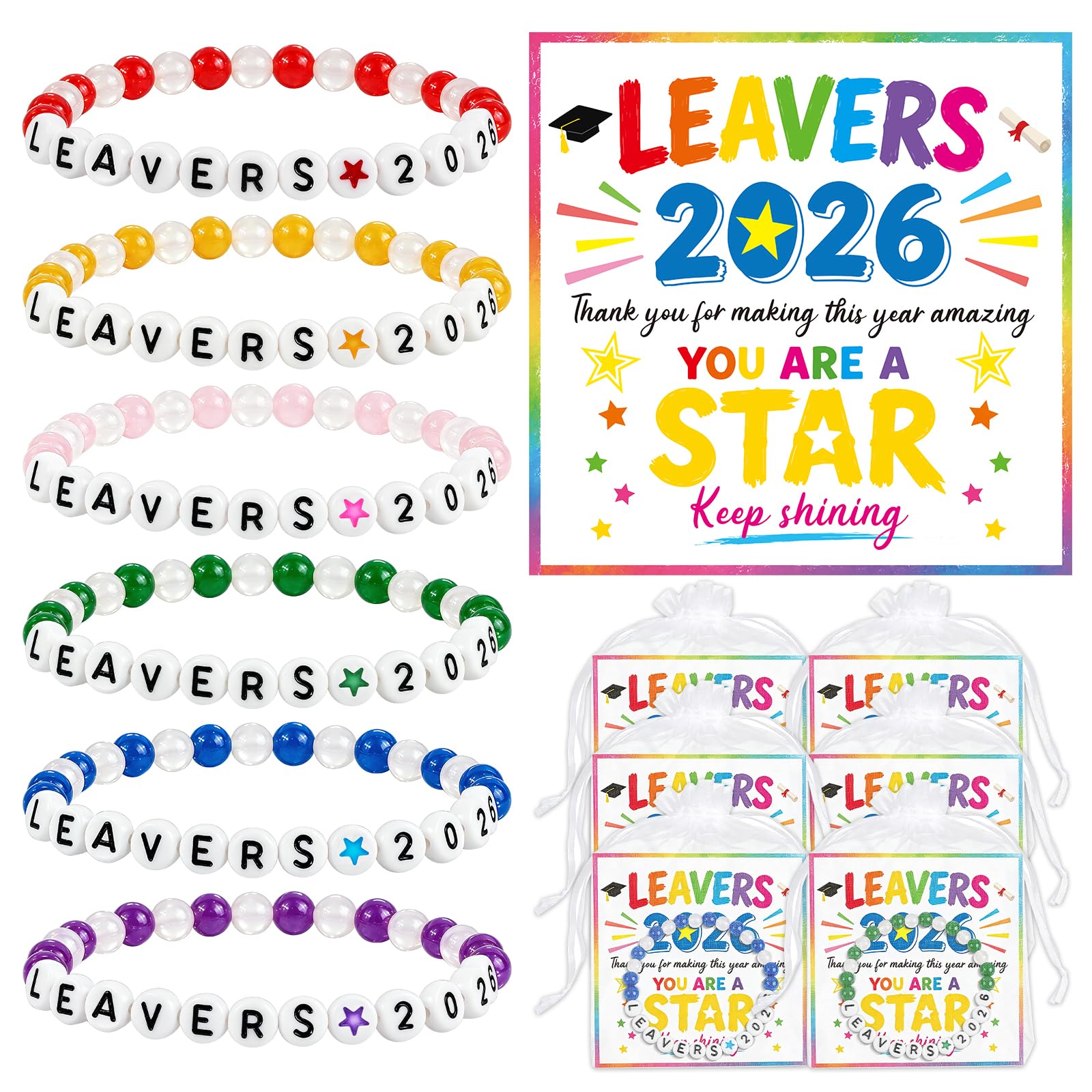 6 Pack Leavers 2026 Gifts, Bracelets with Cards for 2026 Graduation Gifts