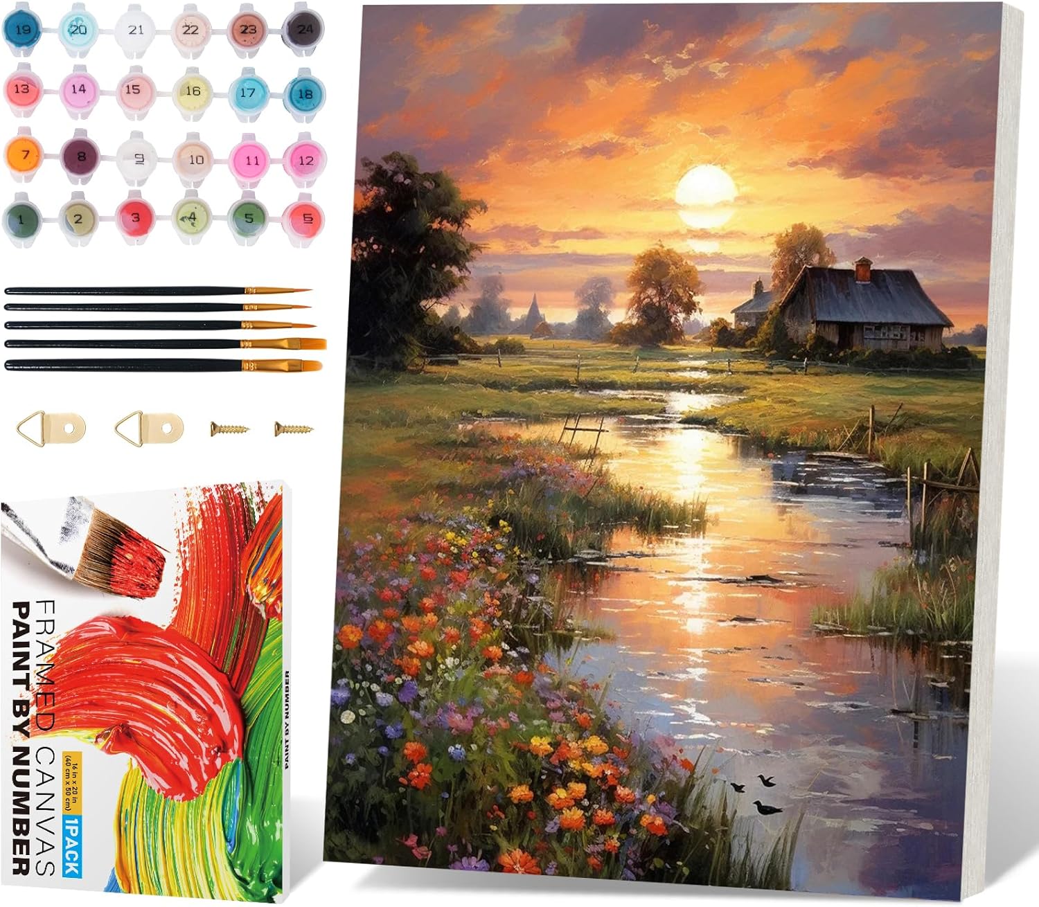 Framed Paint by Numbers Kit for Adults Beginner, Countryside Sunset Adult Paint by Number Kits on Canvas, Riverside Cabin Oil Painting by Numbers for Home Decor Gift 16” W x 20”L Framed Canvas LOP829