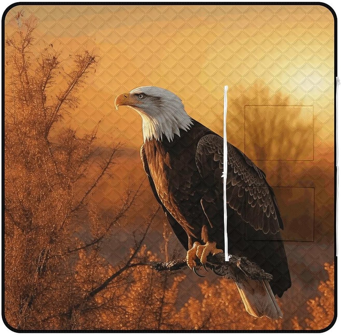 Golden Sunset Bald Eagle Picnic Blanket with Zipper Water Resistant Sand Free Picnic Mat Washable Foldable Easy Carry Beach Blanket for Lawn Beach Hiking Camping