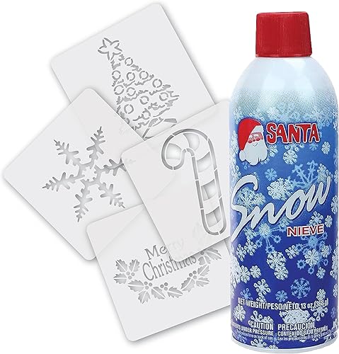 Kit de spray de nieve y plantillas navideñas, 13 onzas, cuatro plantillas navideñas de 5 x 5 pulgadas, divertido kit de decoración de ventanas
