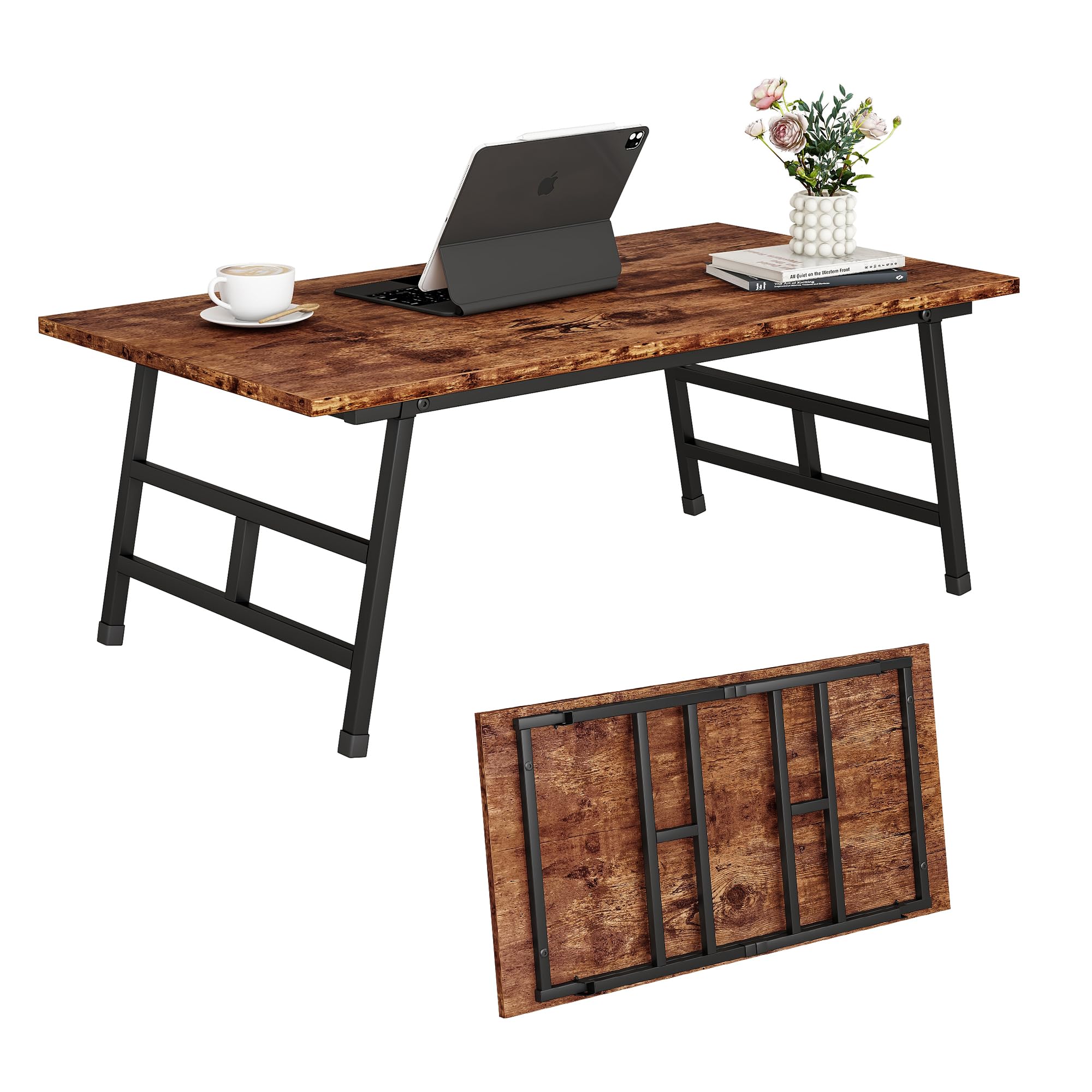 MUZERUL Folding Coffee Table for Living Room Home Office, Portable Low Table for Small Spaces, Simple Rectangular Center Table Foldable, Easy Assembly, Modern, 105x55x45CM, Black and Brown