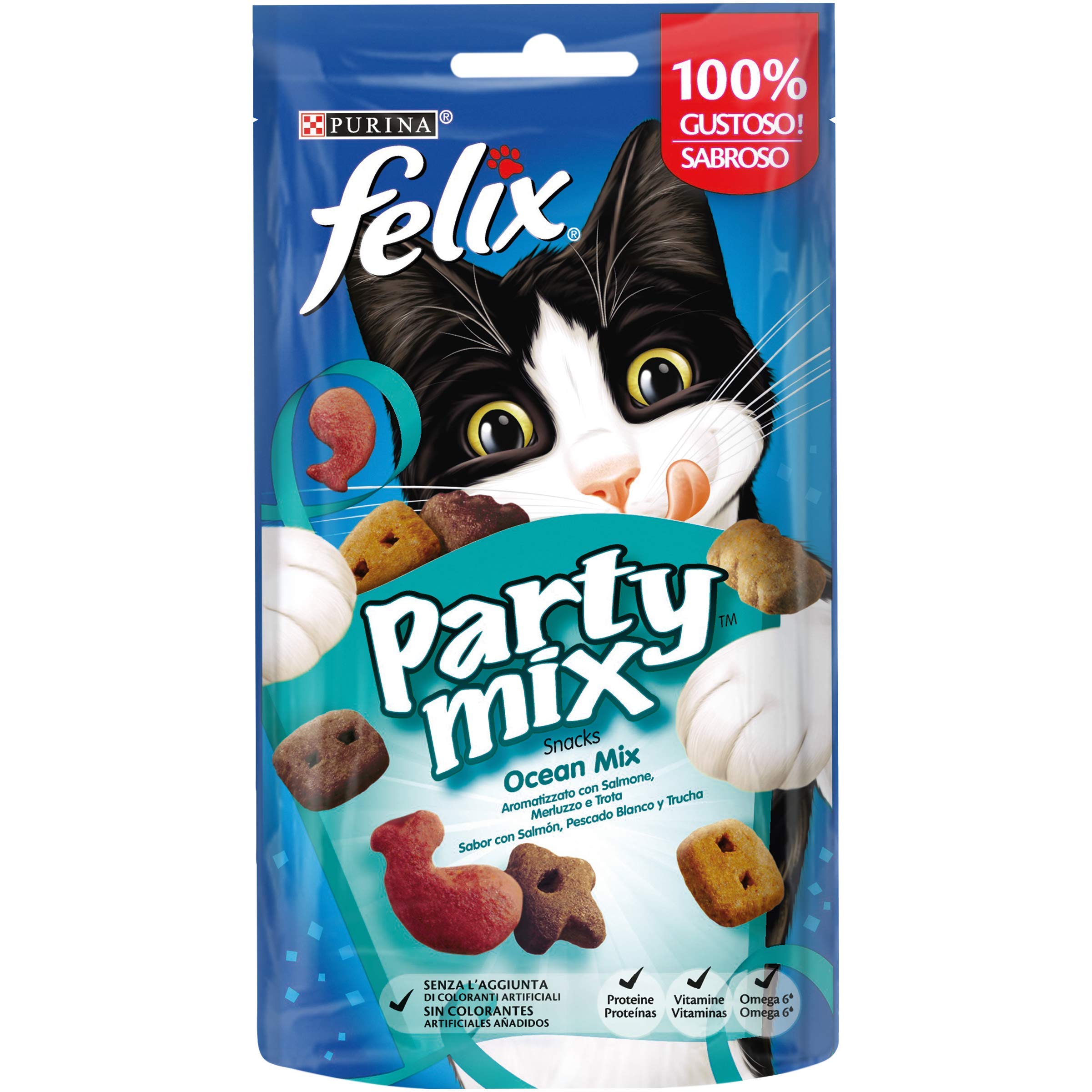 Felix Purina Party Mix Ocean, Snack, premio para Gato con Salmón, Pescado Blanco y Trucha, 8 bolsas de 60g