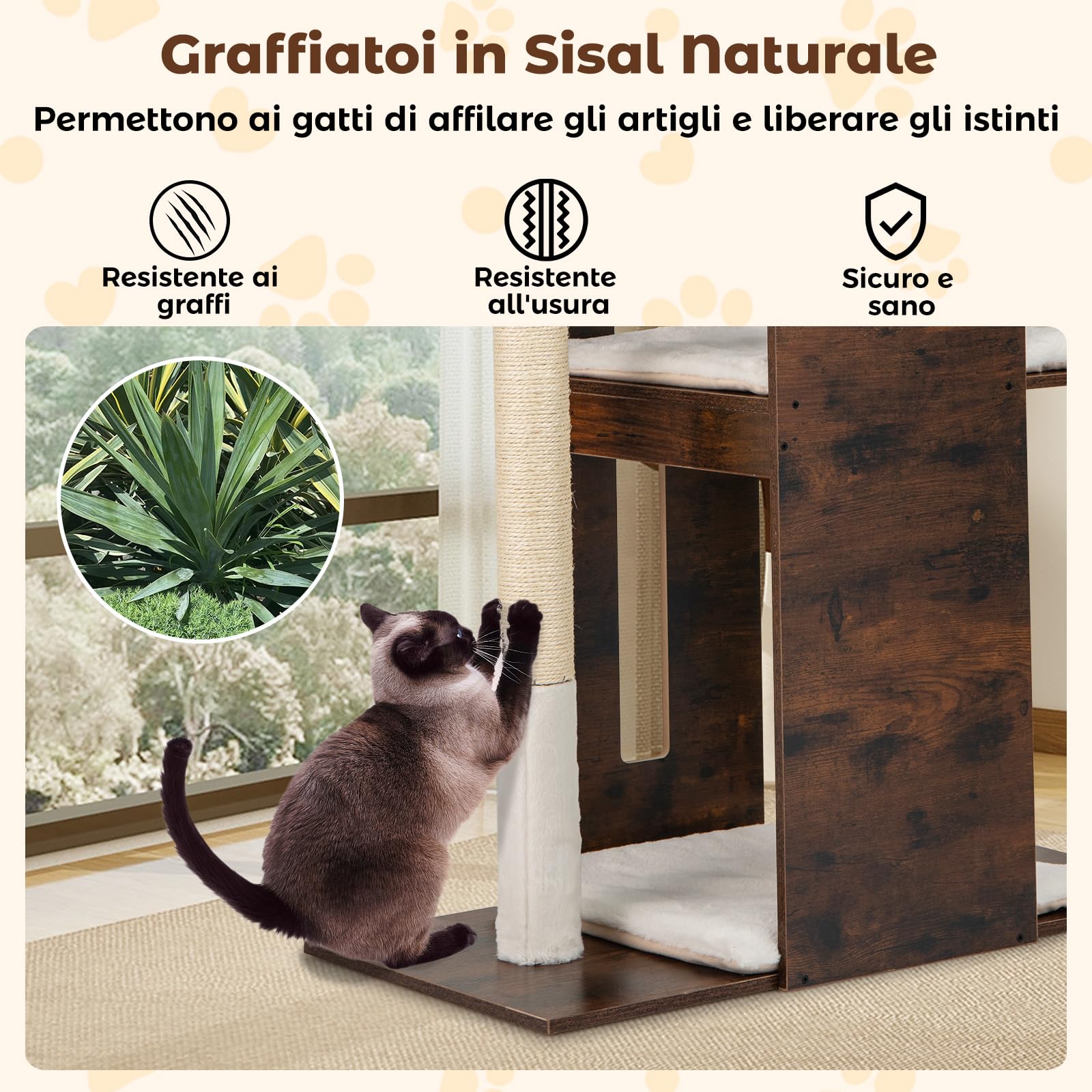 COSTWAY Albero per Gatti Alto 120 cm, Tiragraffi per Gattini in Legno con Posti Graffianti in Sisal, Palline Pendenti, Cuscini Morbidi e Piazzola, Tiragraffi Gatto per Arrampicata