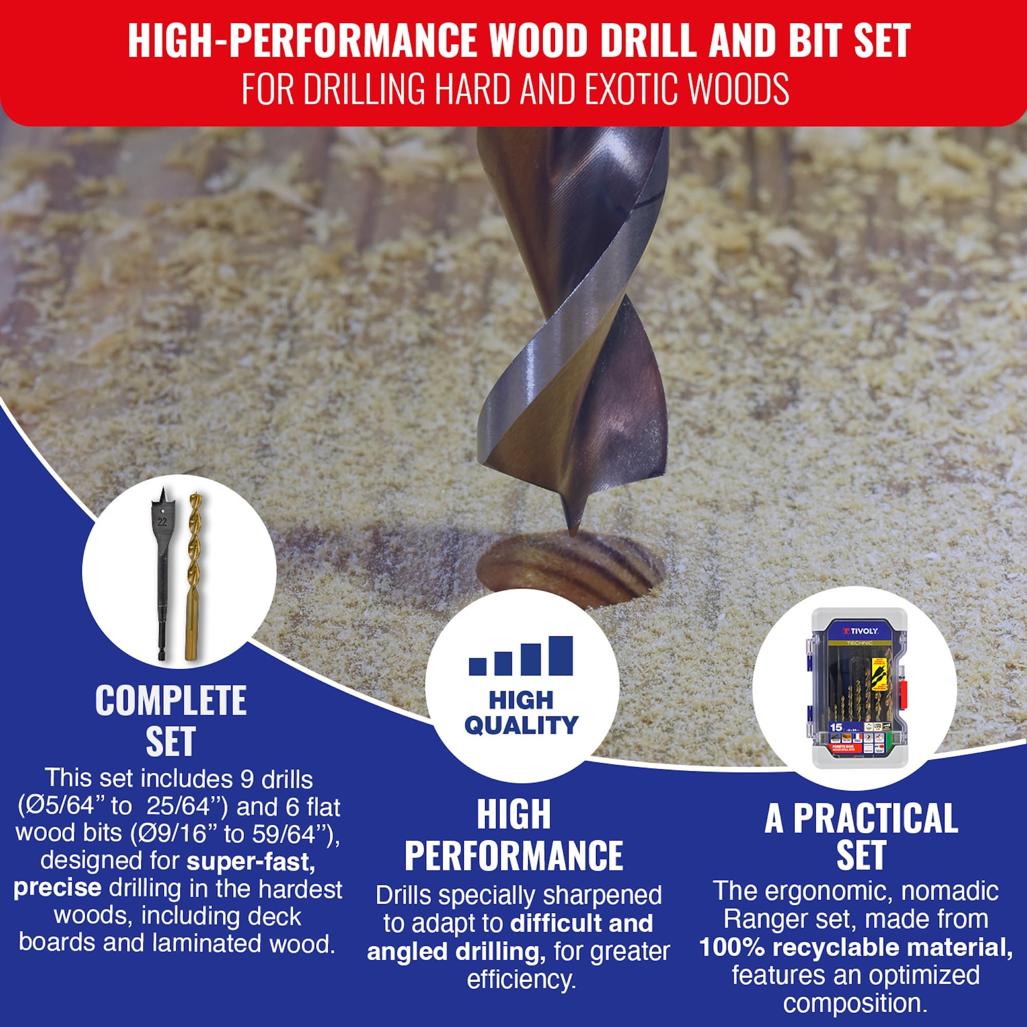 Tivoly 10802470002 Ranger T15 Wood Technic zestaw wierteł, 3 końcówki i wiertła