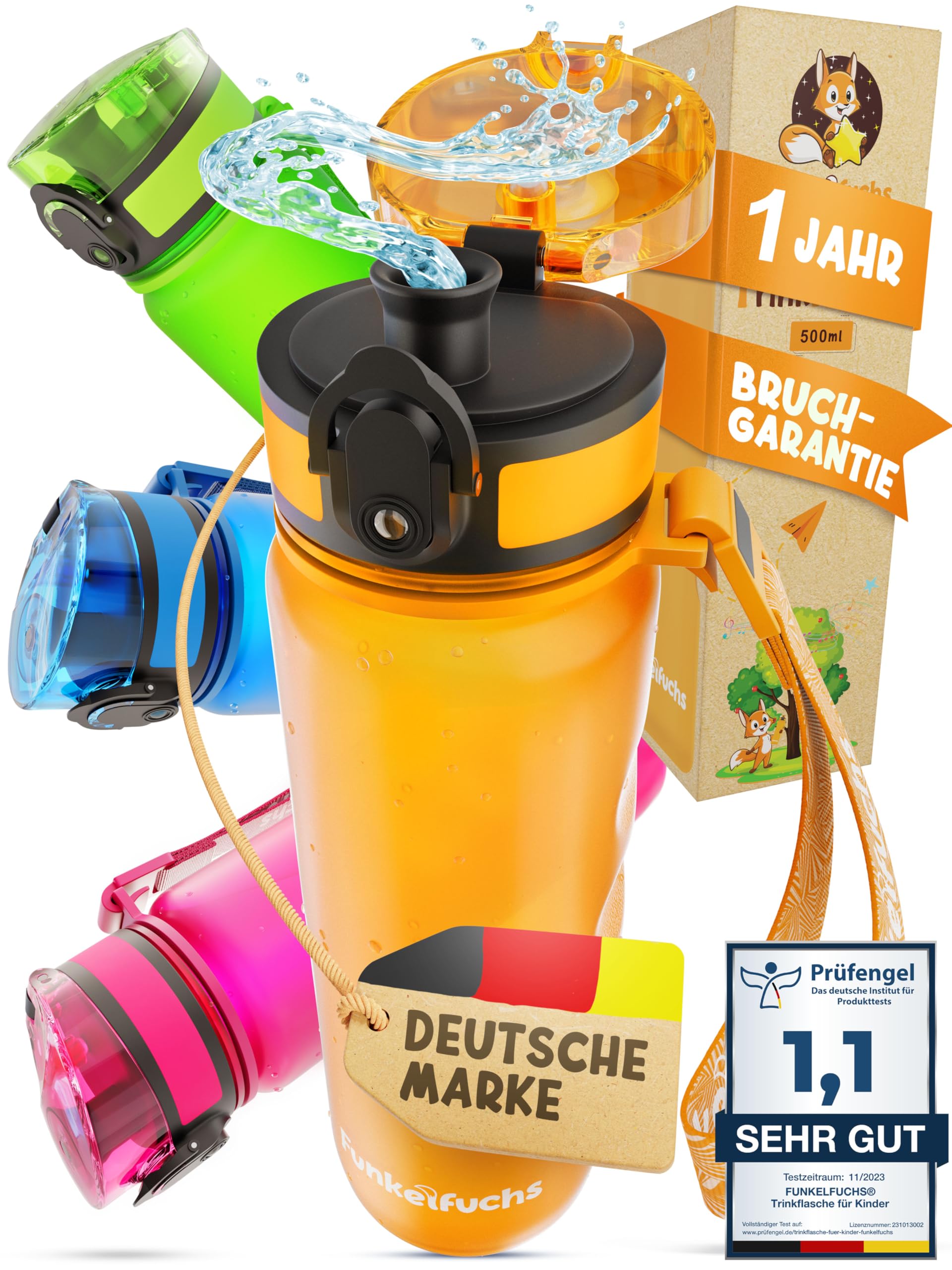Funkelfuchs® - Water Bottle for Children - 500 ml, Orange - Suitable for Carbonated Drinks - 100% Leak-Proof - Water Bottle Dishwasher Safe - for Nursery, School, Sports