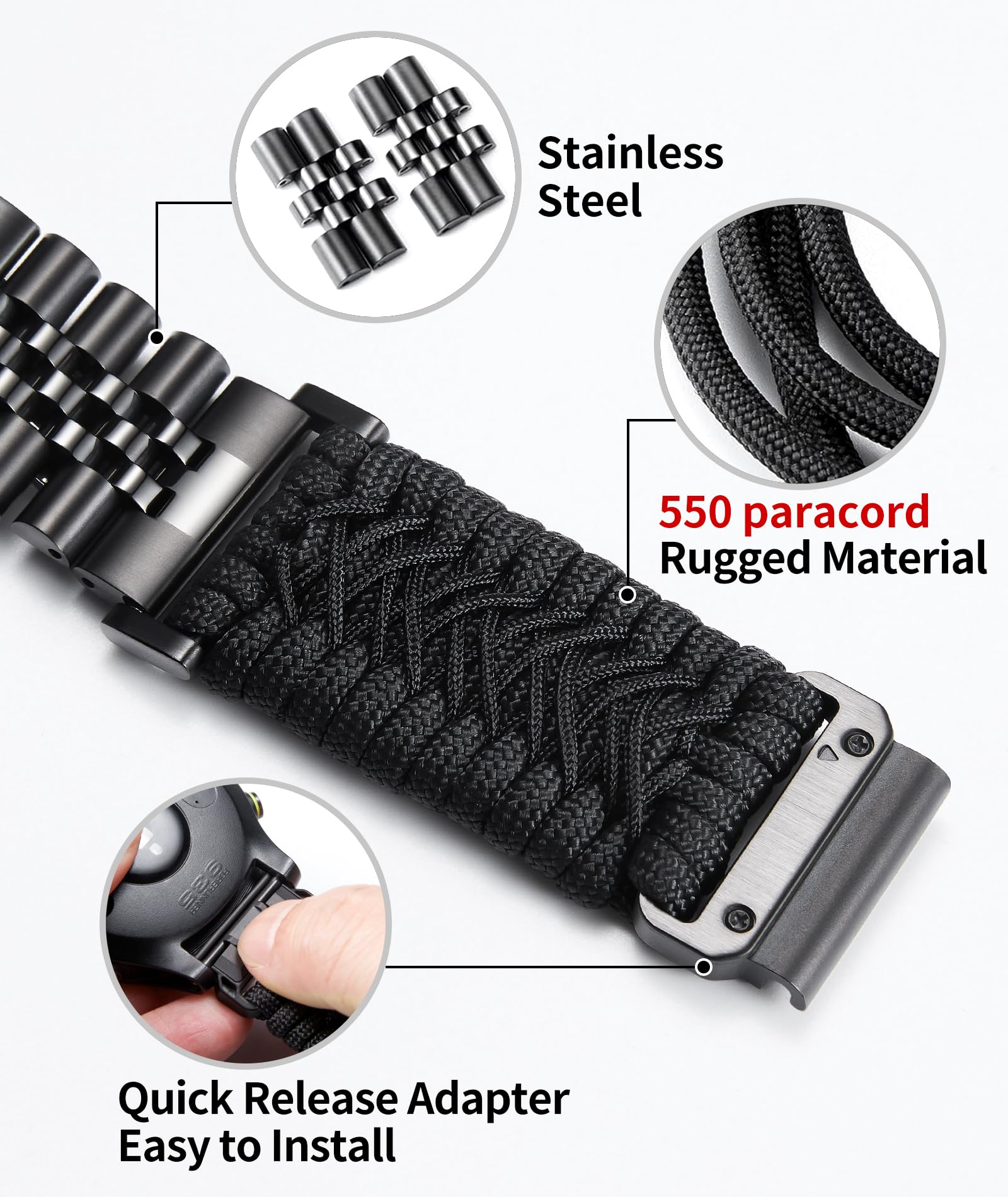 BINLUN Compatibile con Garmin Cinturino 22mm 26mm Paracord 550 Intrecciato Acciaio Cinturini per Orologio Nero Compatibile con Quickfit Compatibile con Fenix ​​Compatibile con Forerunner