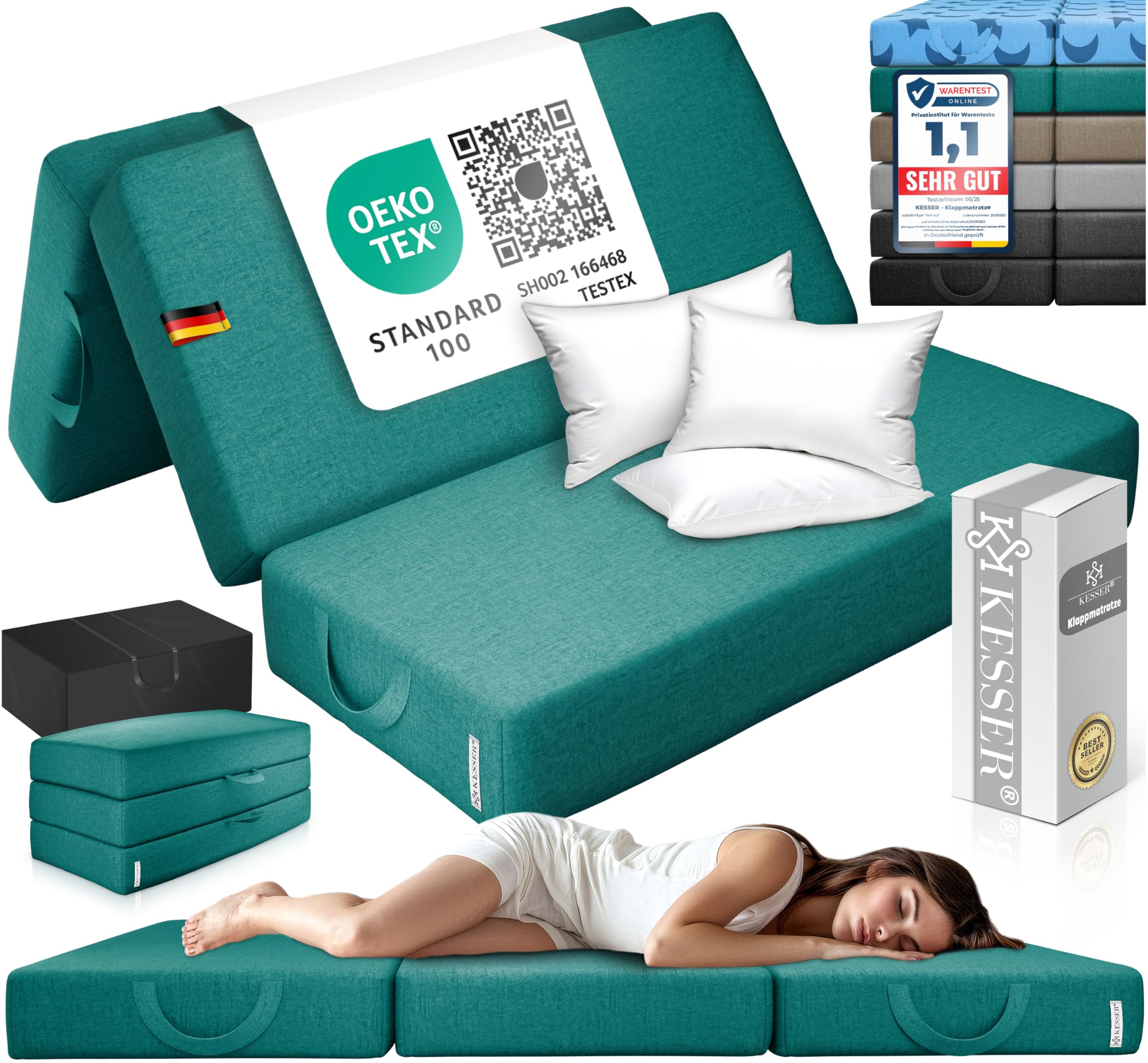 KESSER® Klappmatratze 160 x 195 x 15 cm Gästematratze 3-Fach faltbar zum Sitzhocker Faltmatratze Schaumstoff 25kg/m³ extra dick 15cm atmungsaktiv waschbar Abnehmbarer Bezug inkl. Camping Tragetasche